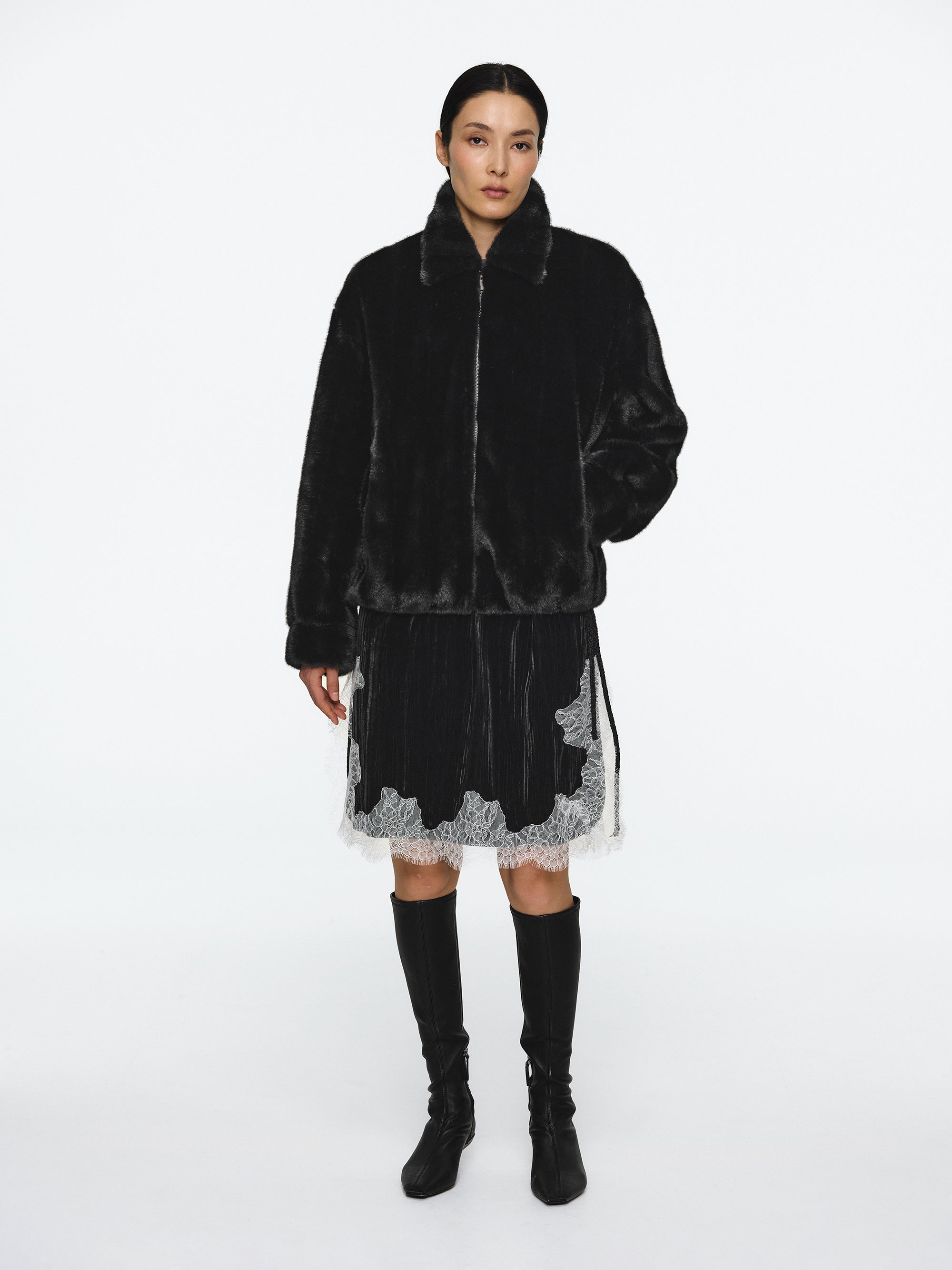 Faux-Fur Zip Bomber Jacket, Black