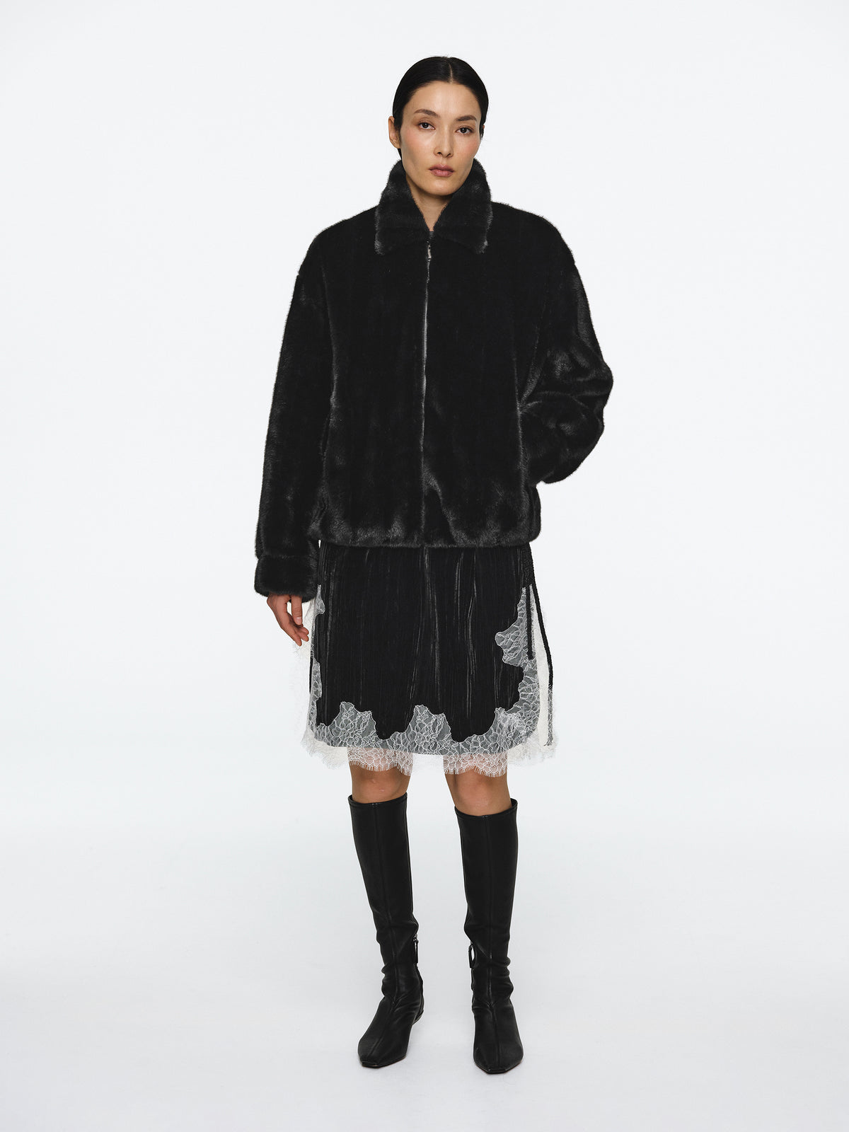Tate Faux-Fur Zip Bomber Jacket, Black