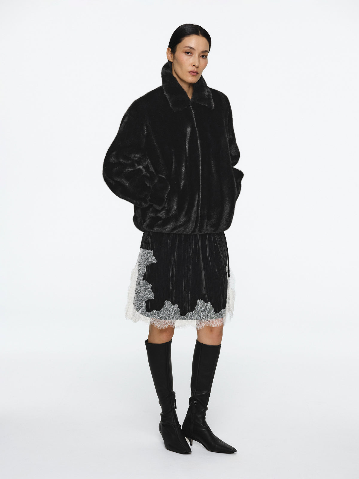 Tate Faux-Fur Zip Bomber Jacket, Black