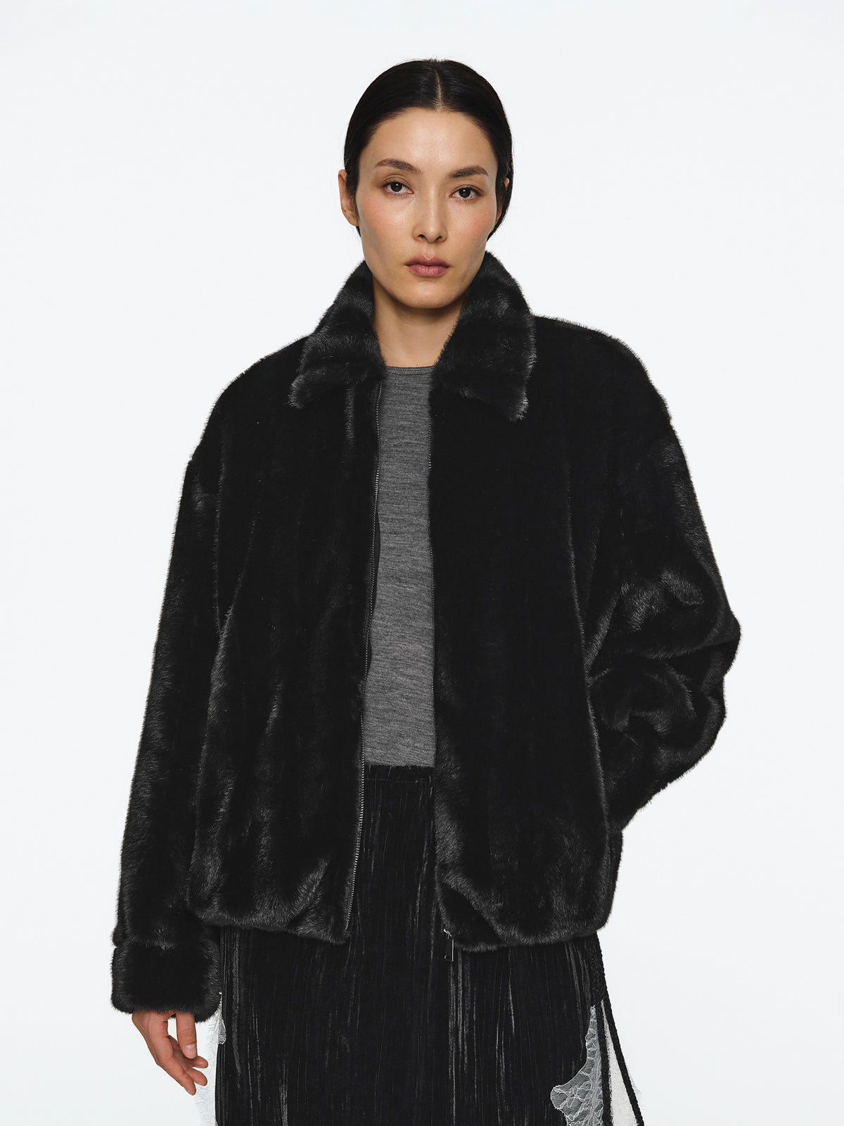Tate Faux-Fur Zip Bomber Jacket, Black