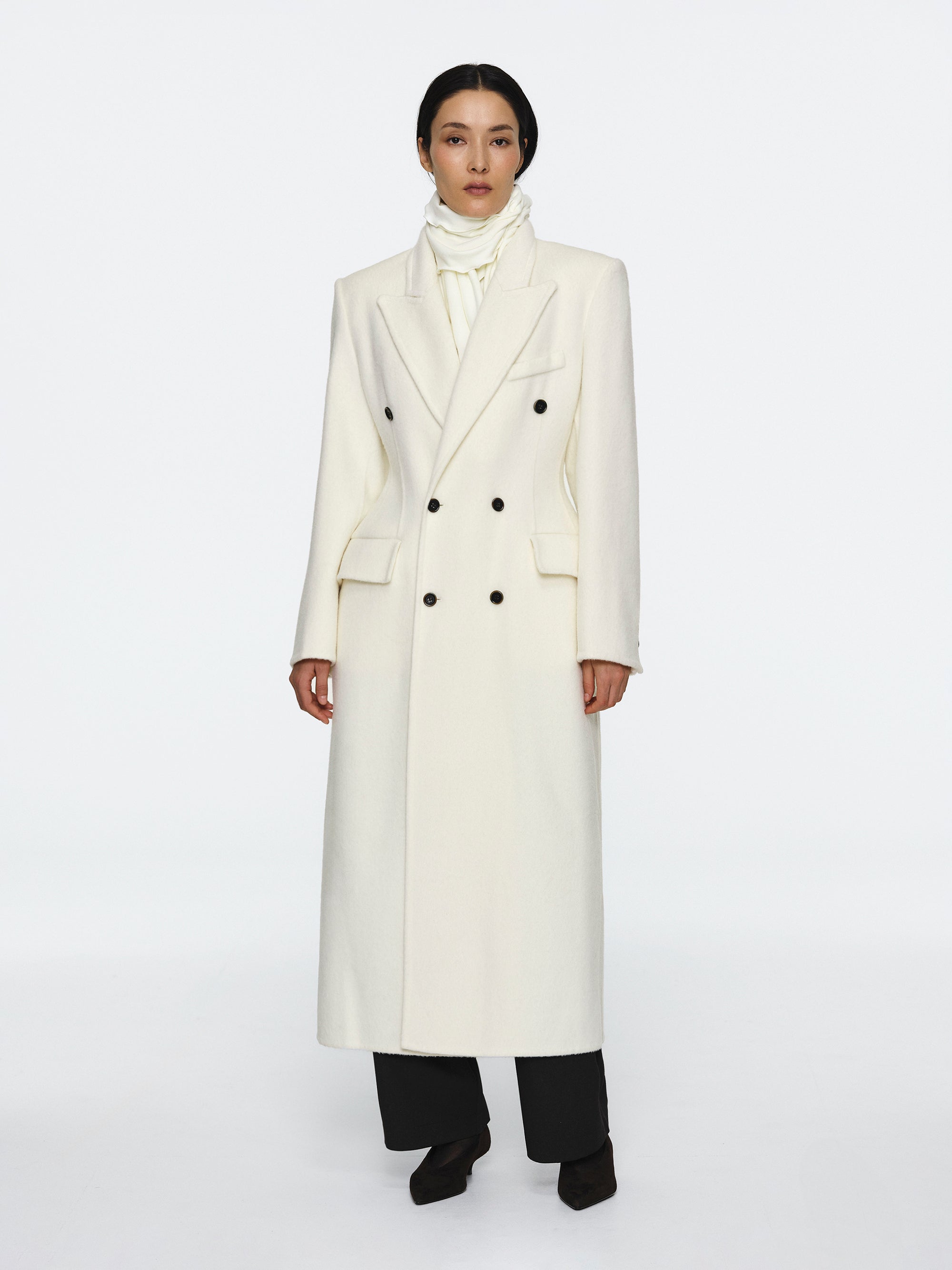 Cinched Double Breasted Long Coat, White