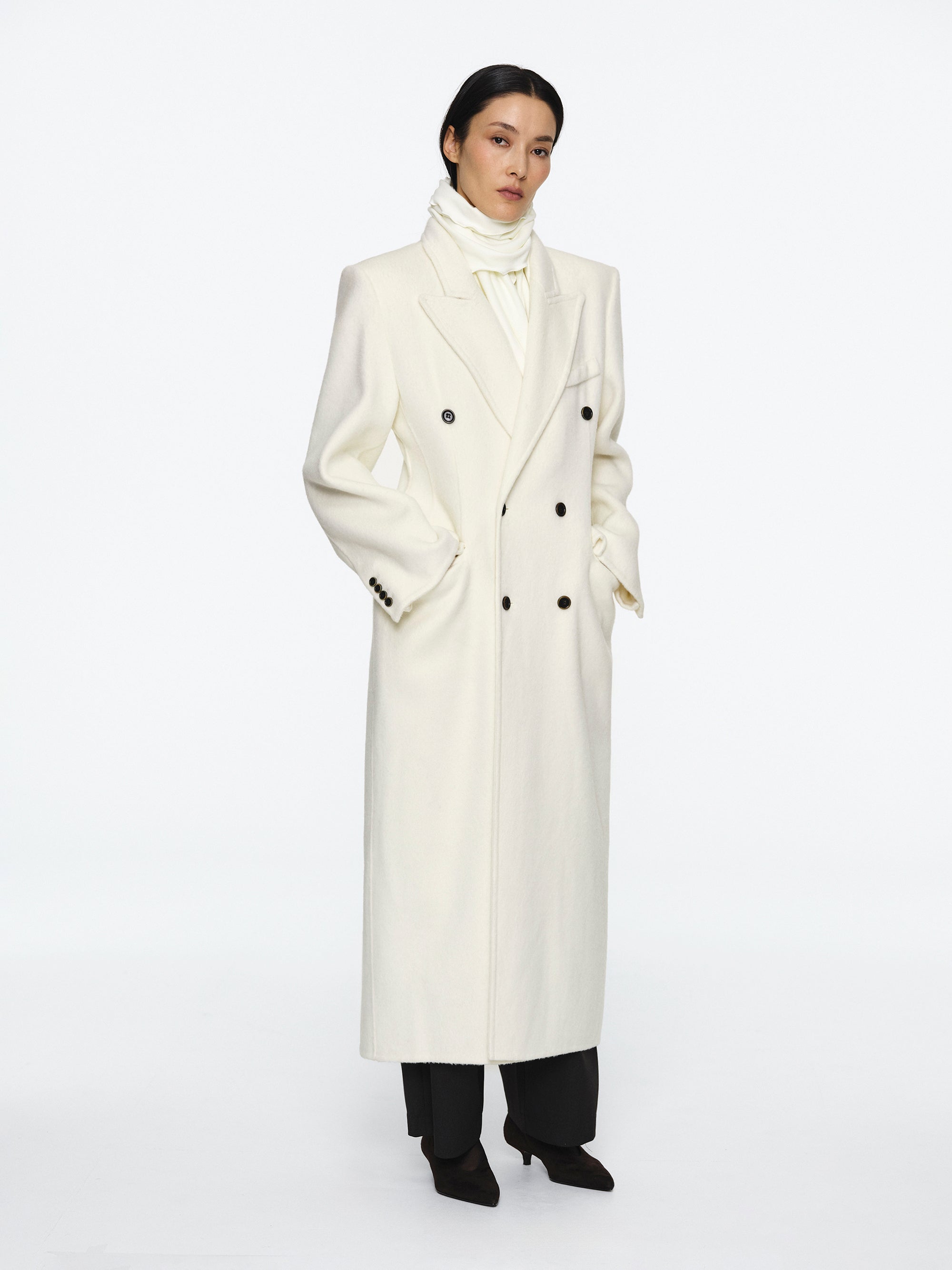 Cinched Double Breasted Long Coat, White