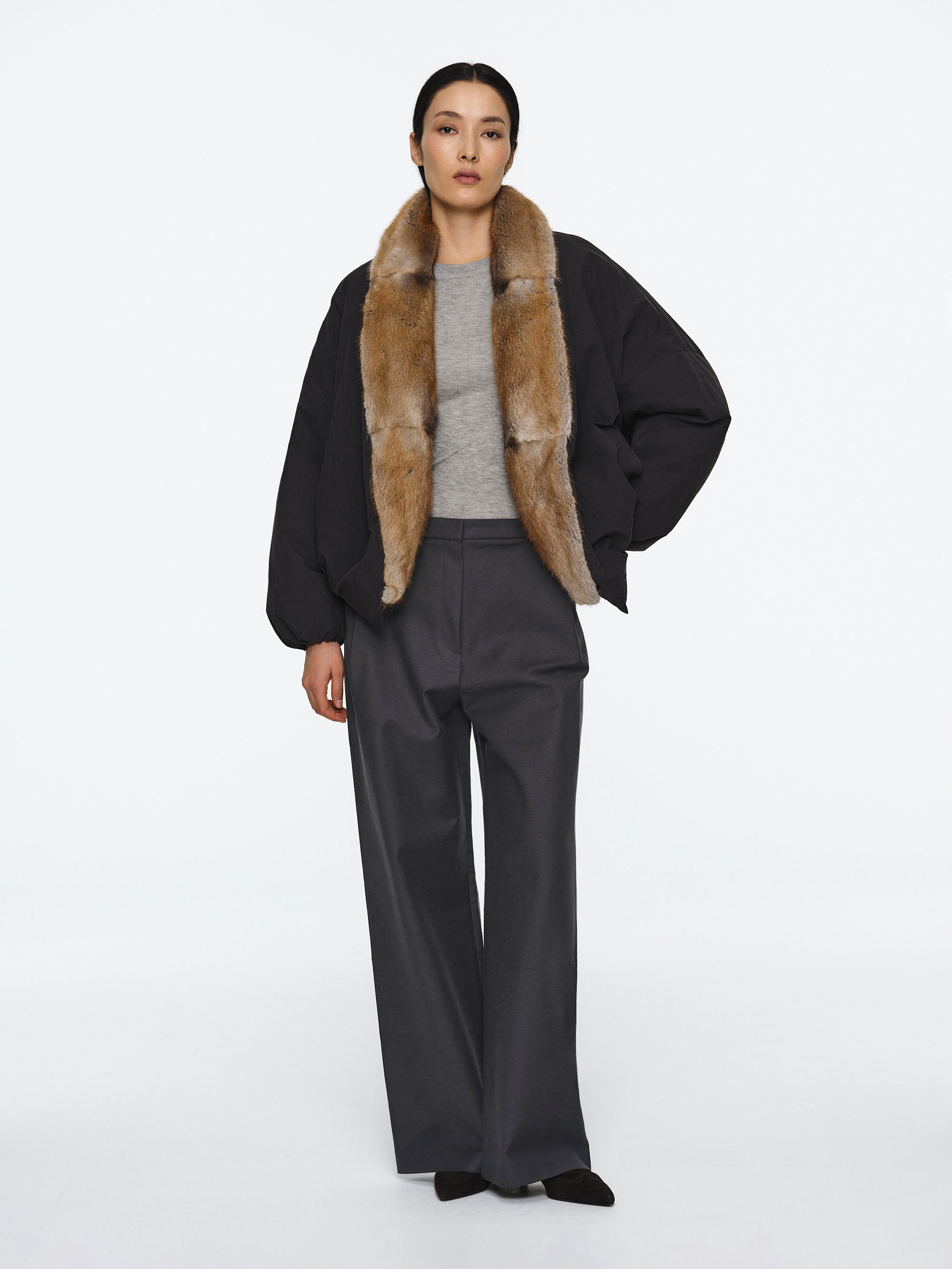 Fur Trim Goose Down Jacket, Black