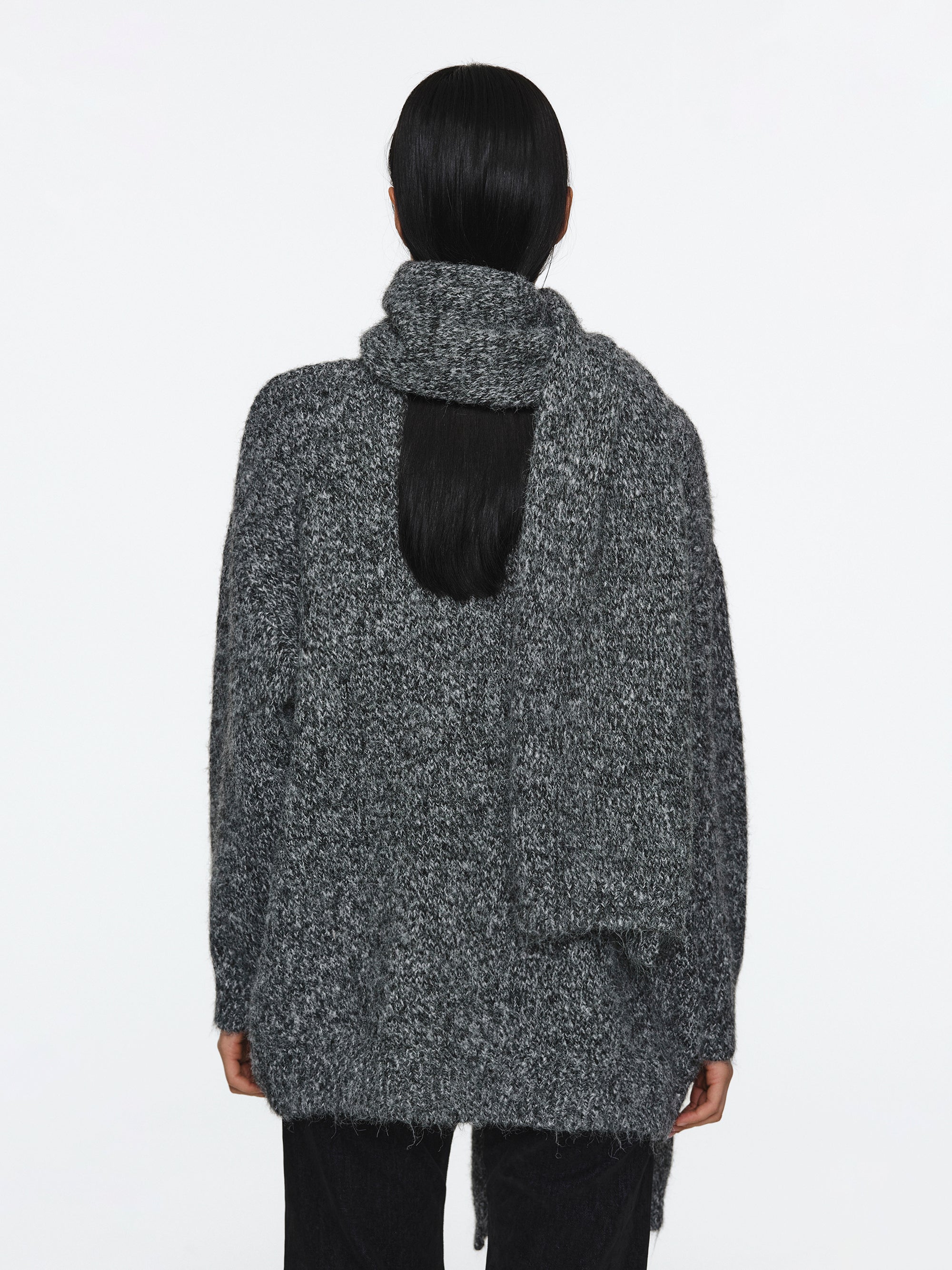 Melange Scarf V-Neck Pullover, Grey