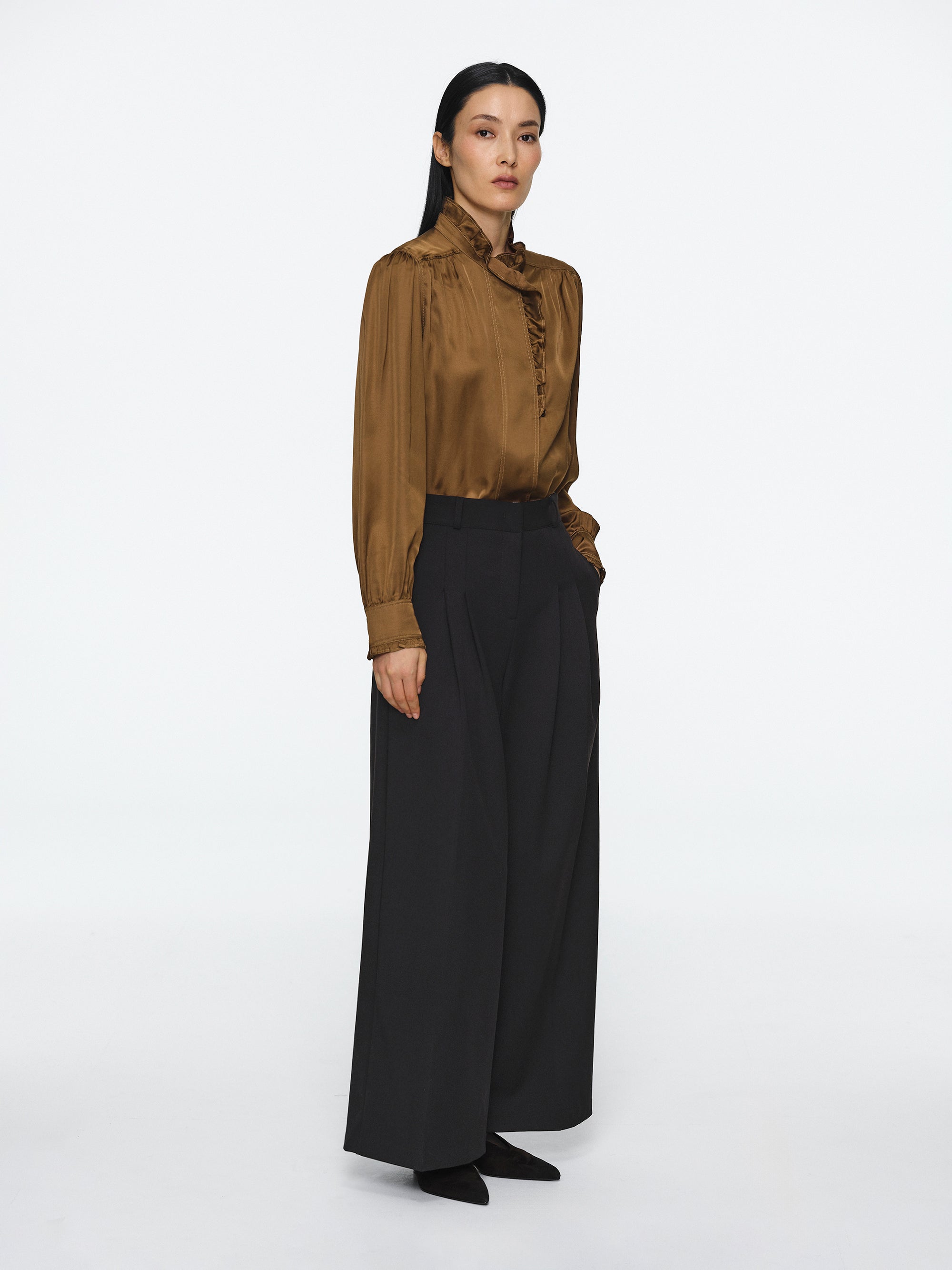 Frilled Neck Blouse, Brown