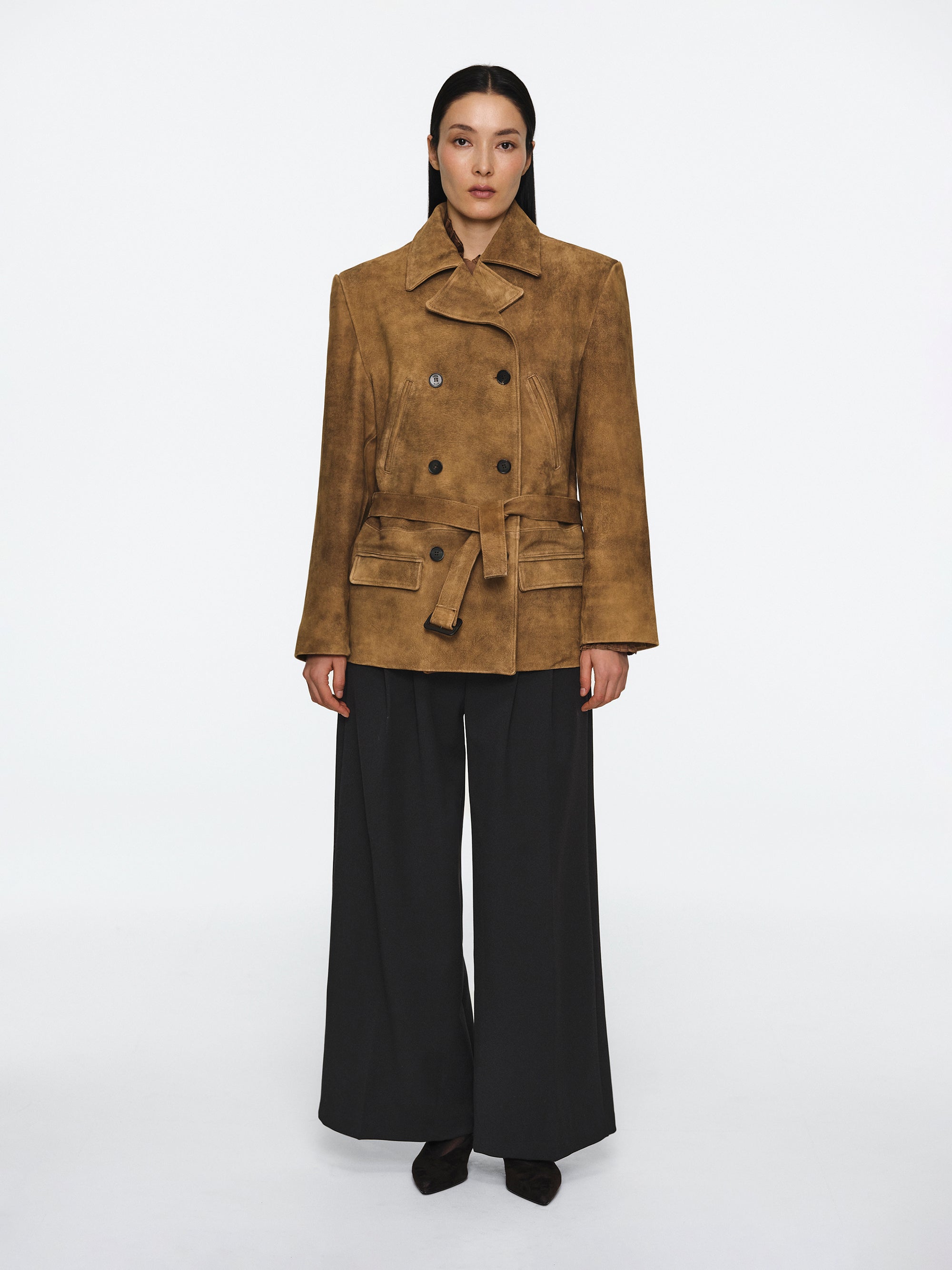 Burnished Suede Short Jacket, Camel