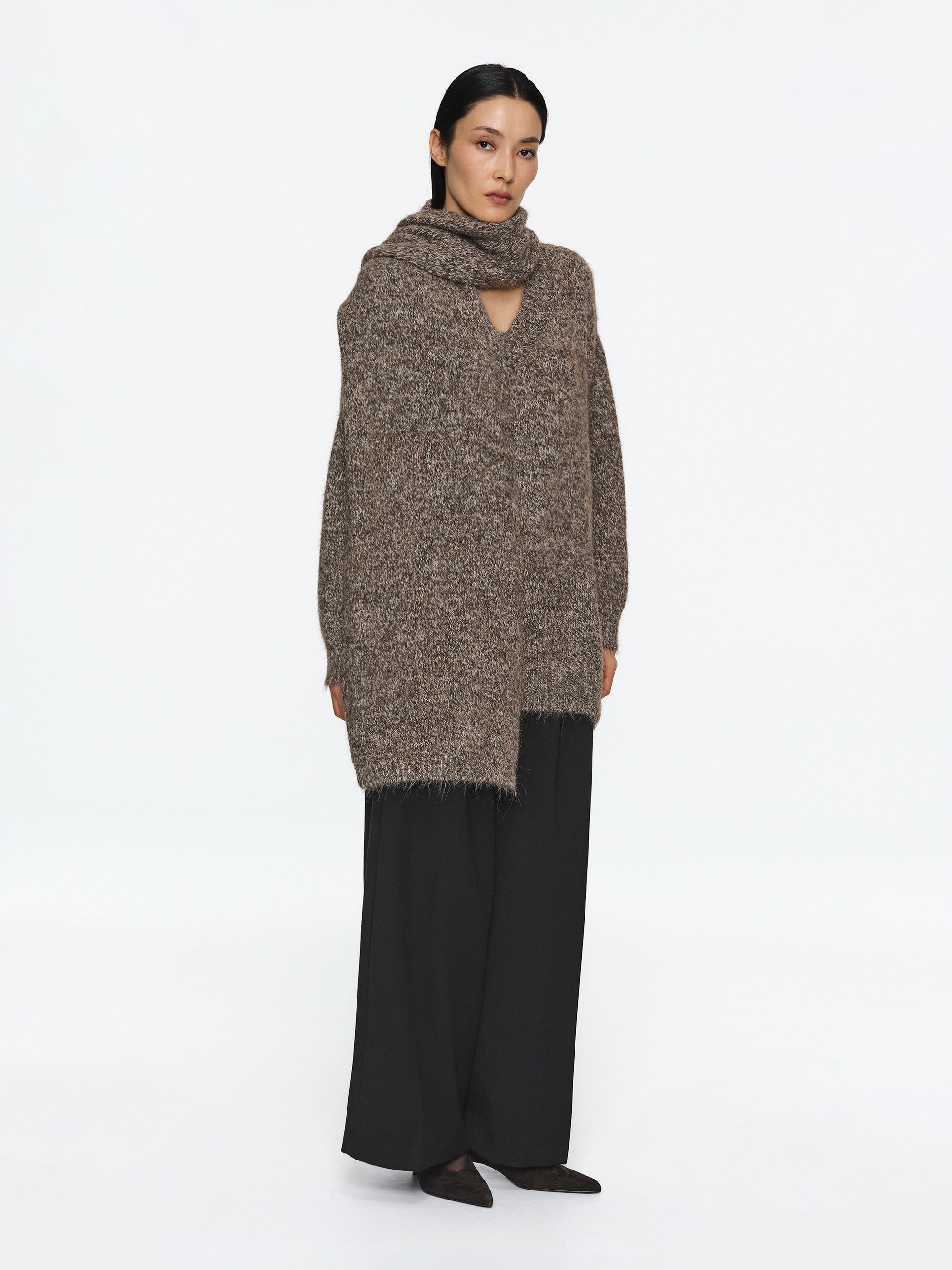 Melange Scarf V-Neck Pullover, Brown