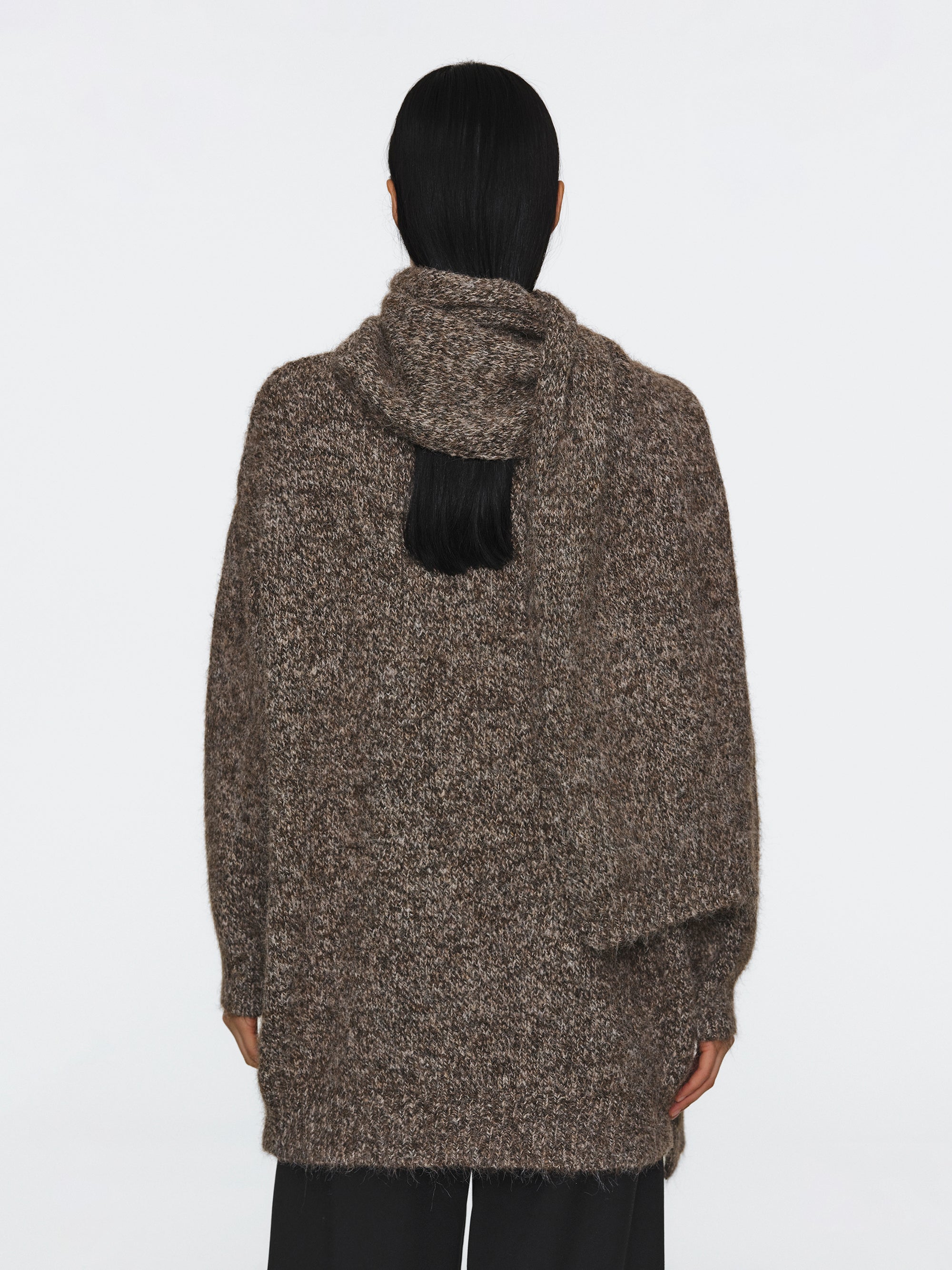 Melange Scarf V-Neck Pullover, Brown