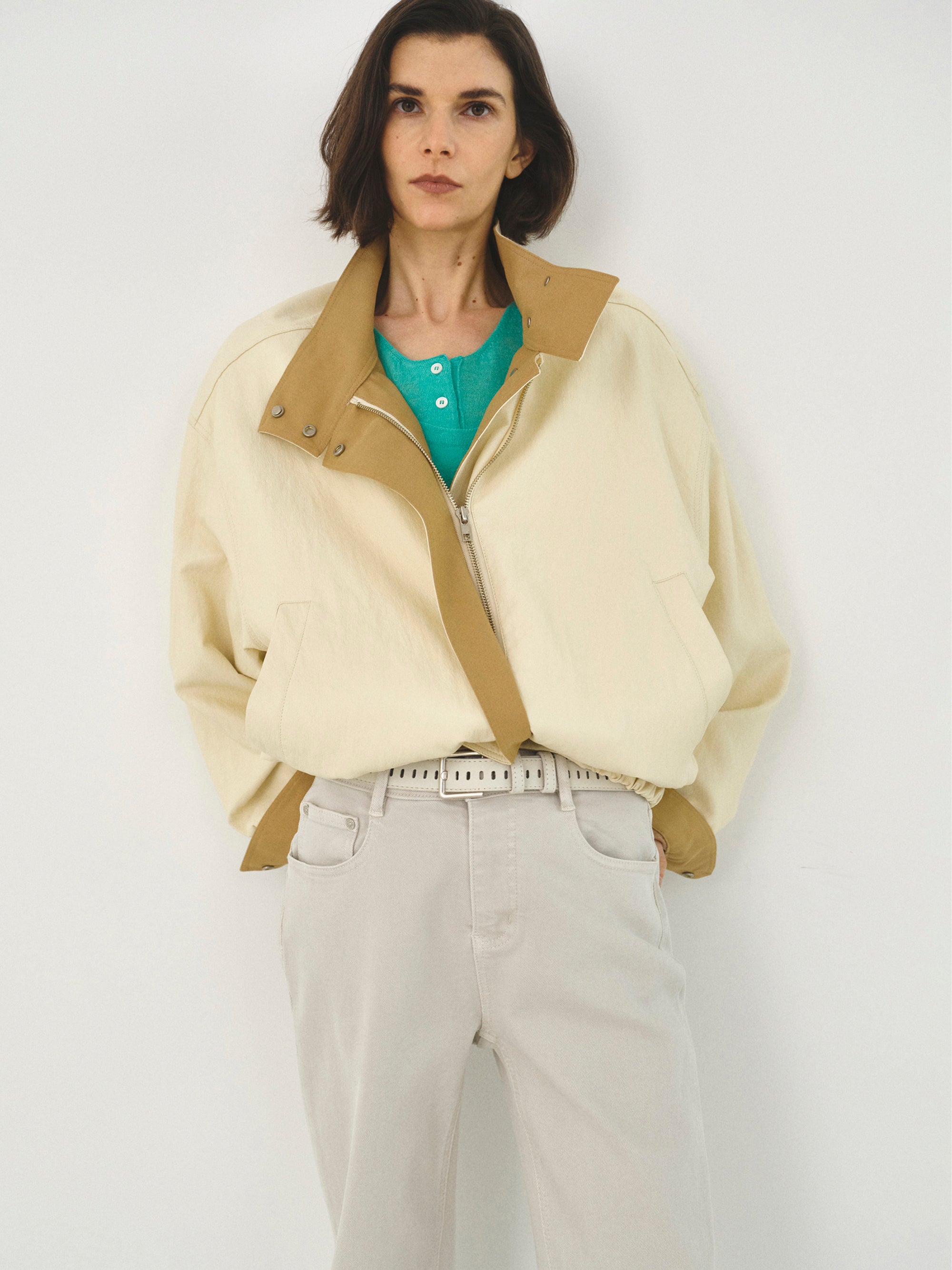 Contrast Panel Faux-Leather Jacket, Cream