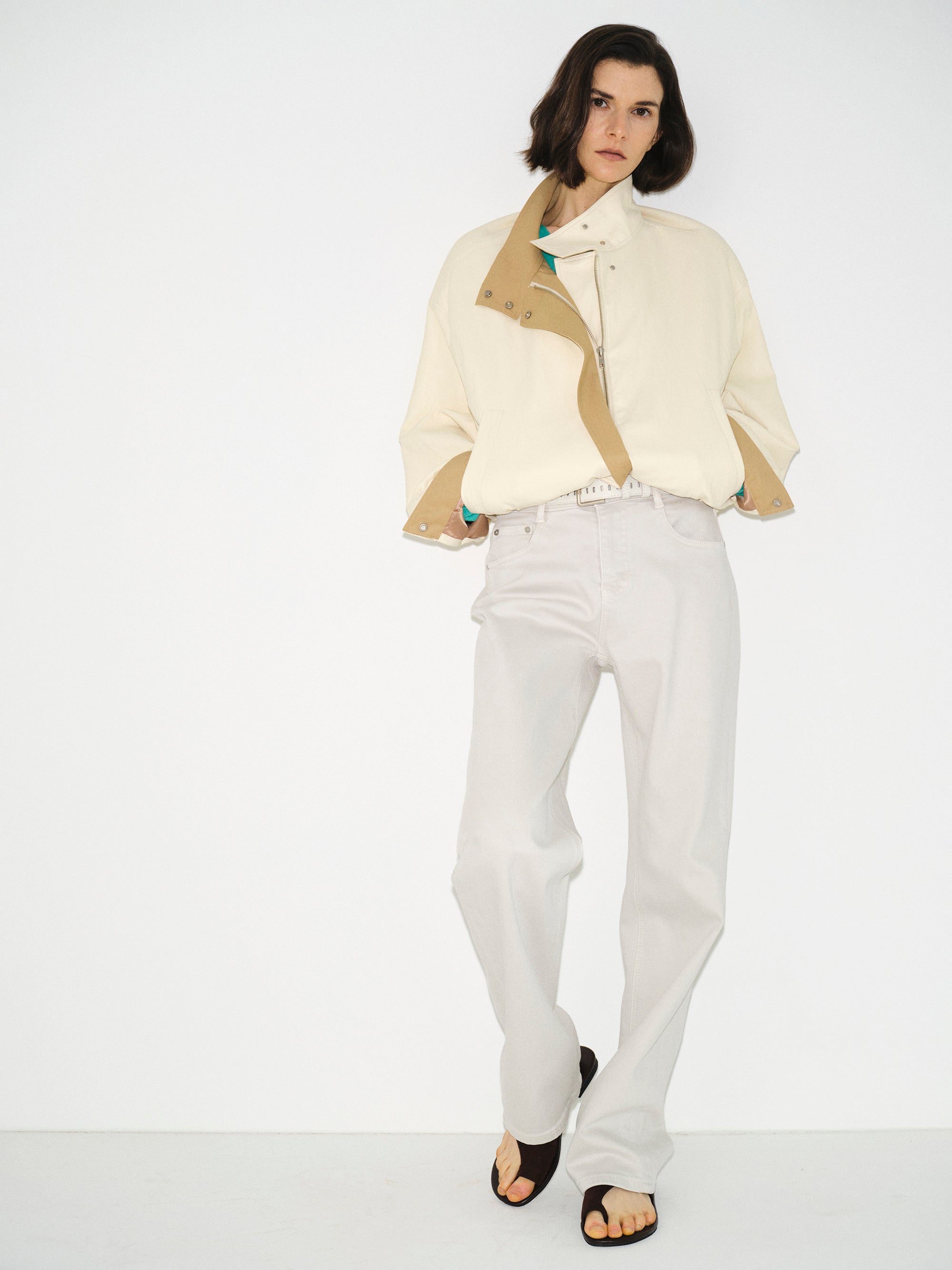 Contrast Panel Faux-Leather Jacket, Cream