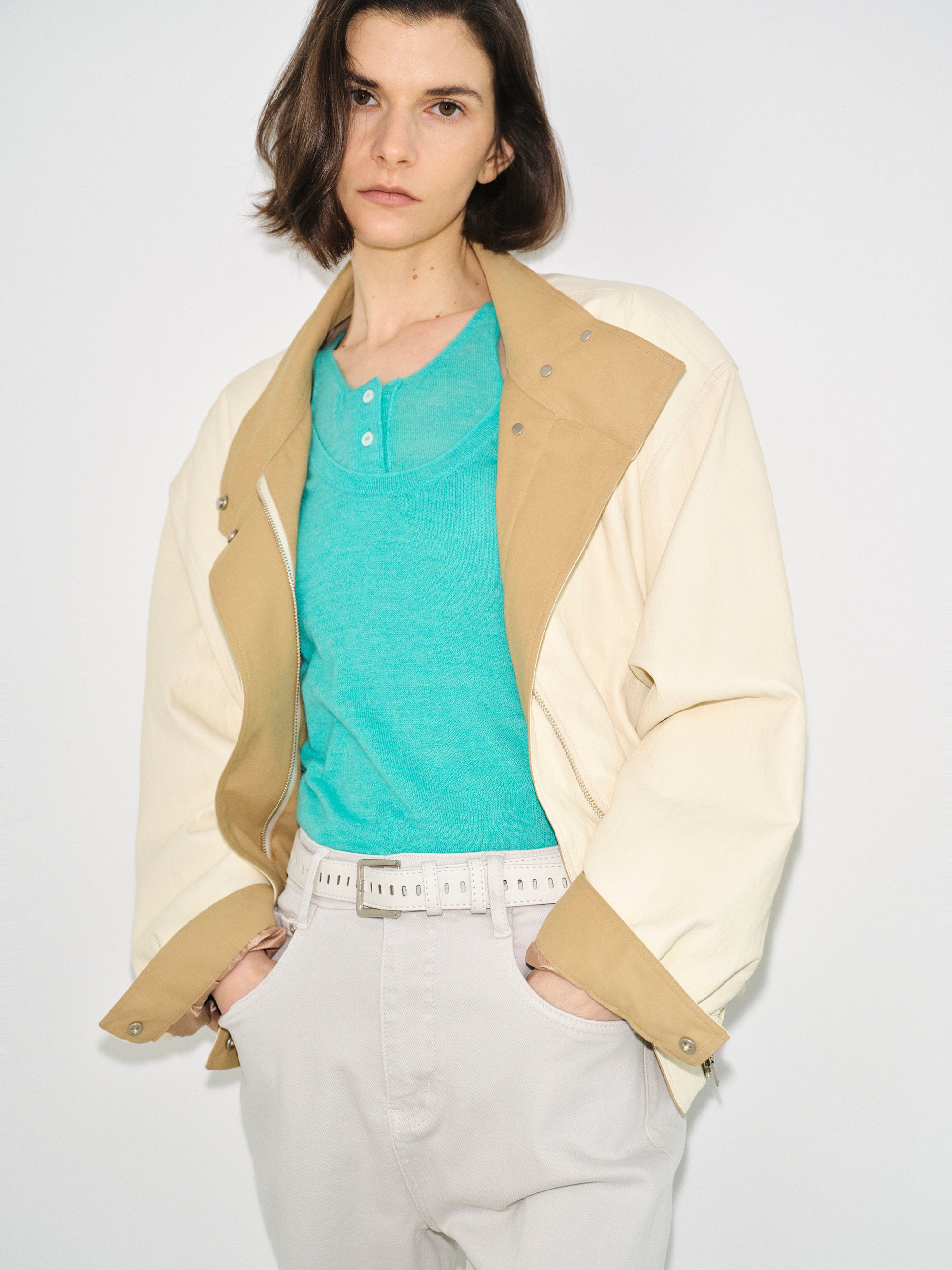Contrast Panel Faux-Leather Jacket, Cream