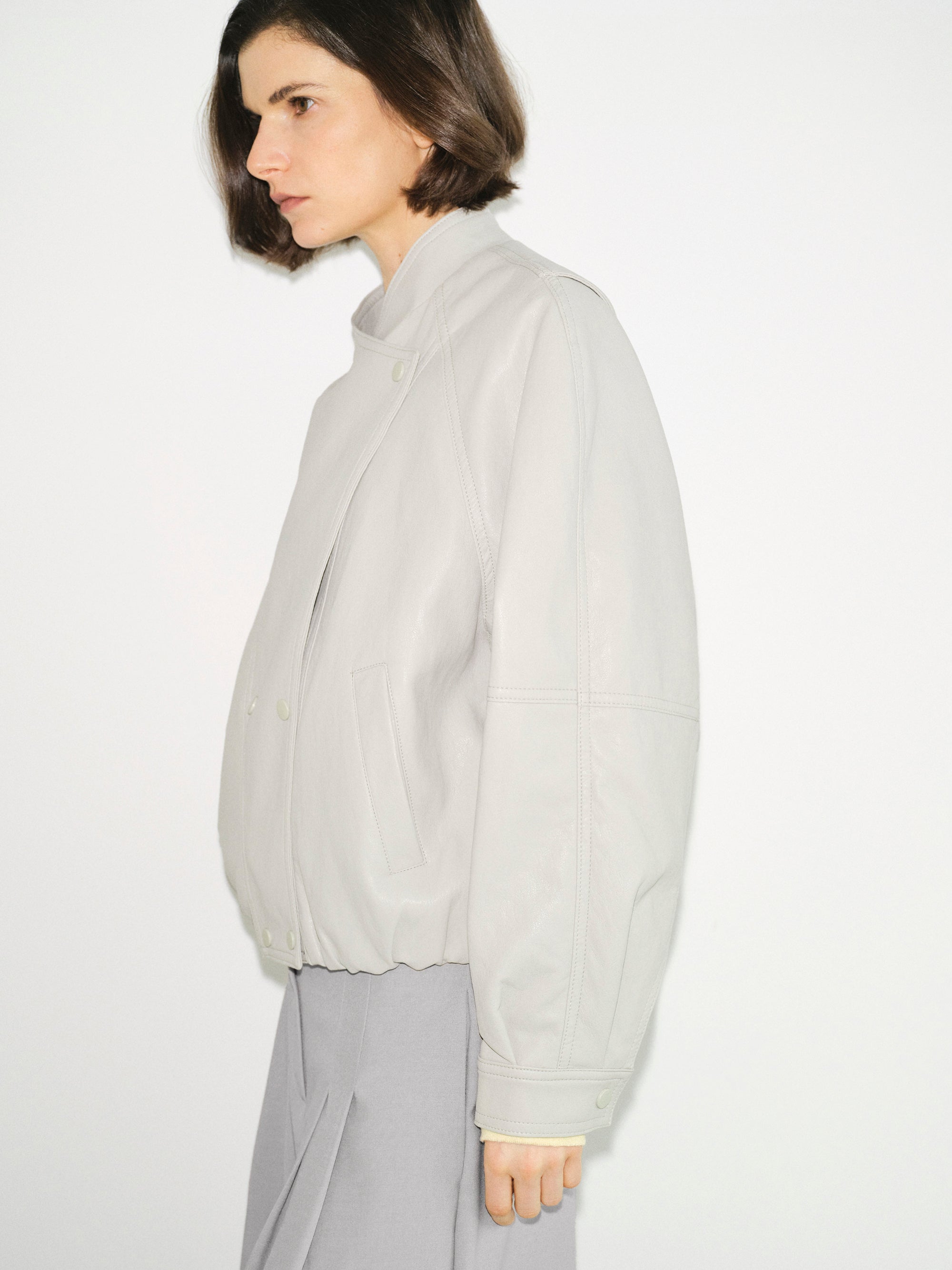 Wrap Stand Collar Faux-Leather Jacket, Light Grey