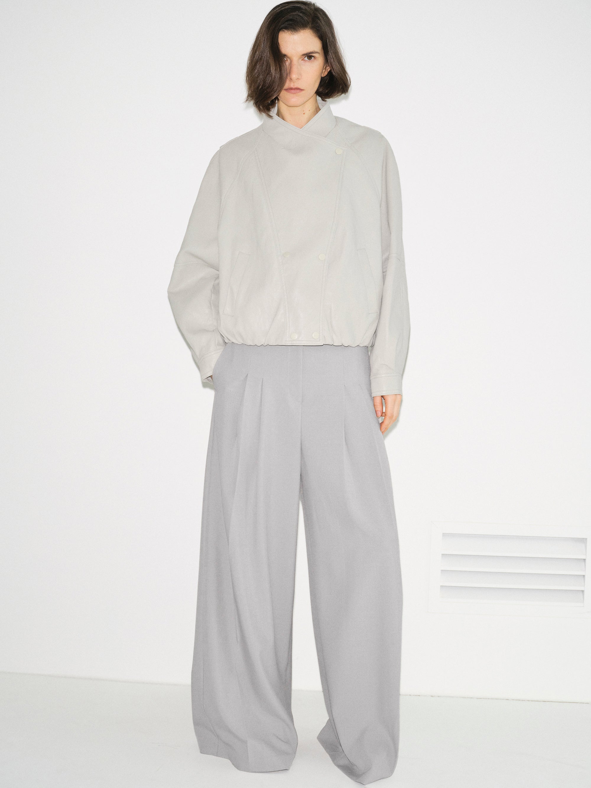 Wrap Stand Collar Faux-Leather Jacket, Light Grey