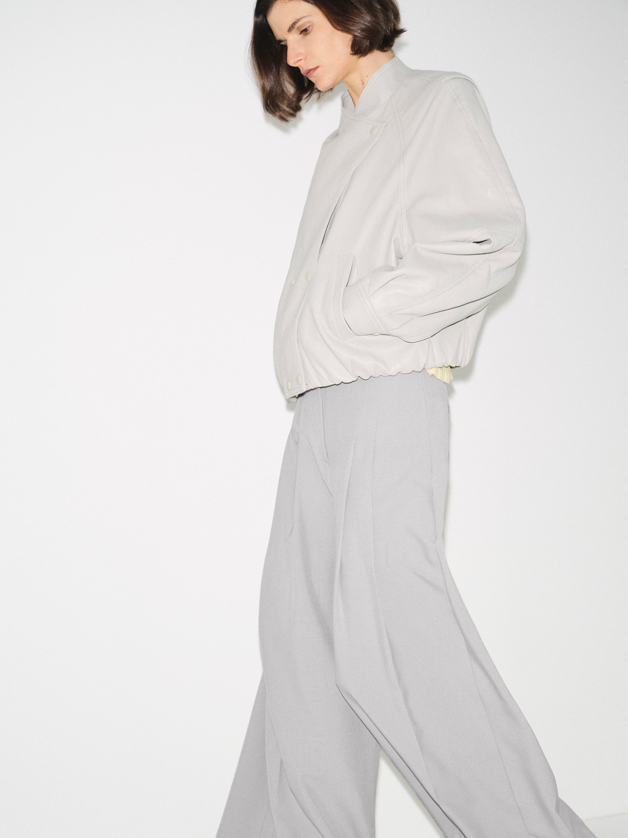 Wrap Stand Collar Faux-Leather Jacket, Light Grey