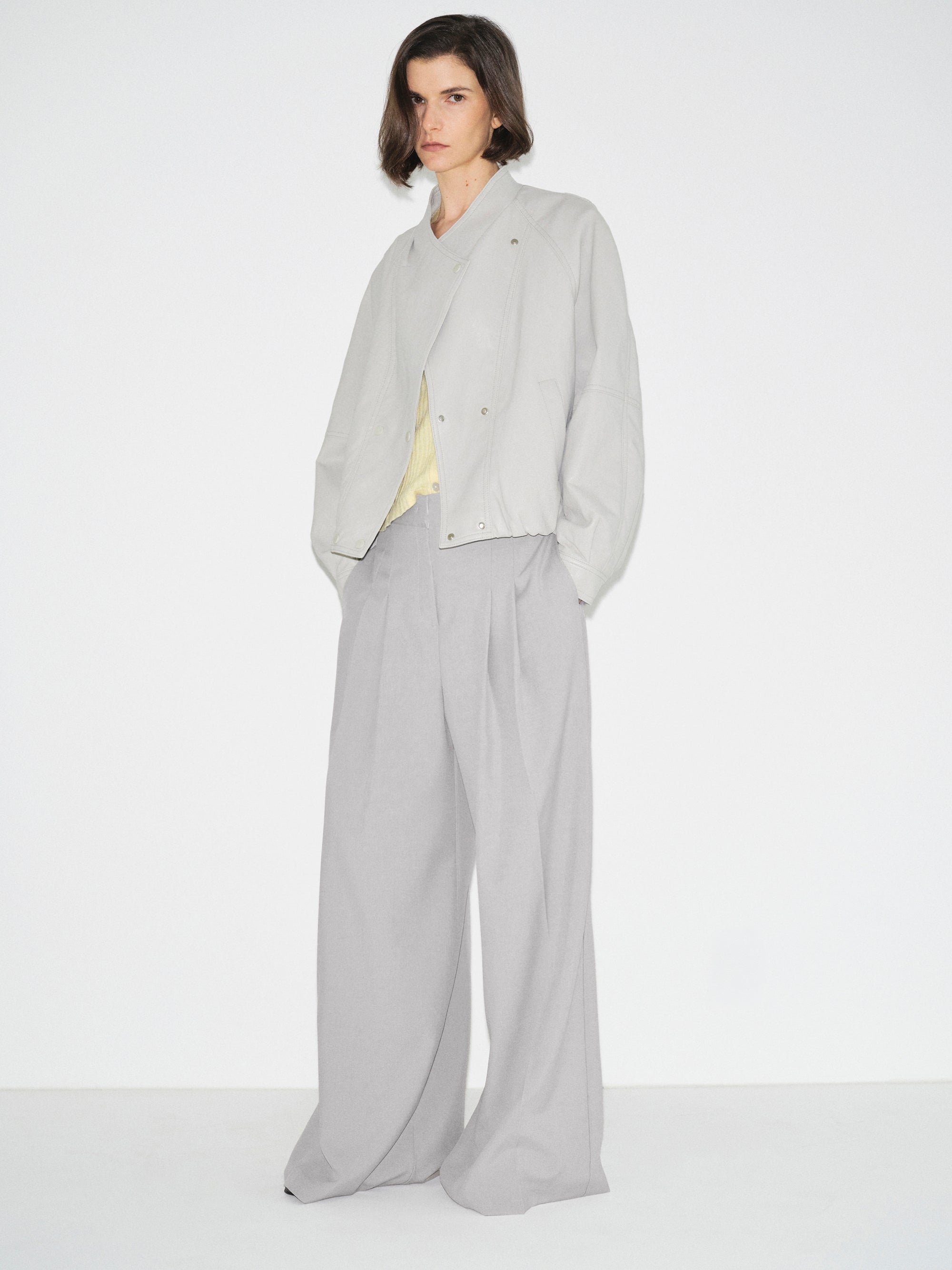 Wrap Stand Collar Faux-Leather Jacket, Light Grey