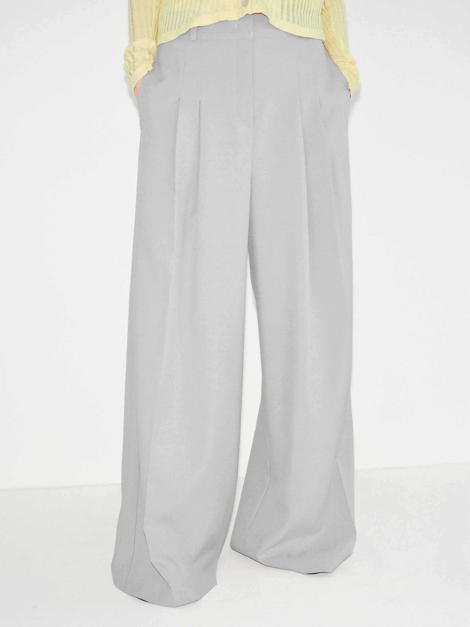Double Pleated Wide-Leg Trousers, Grey