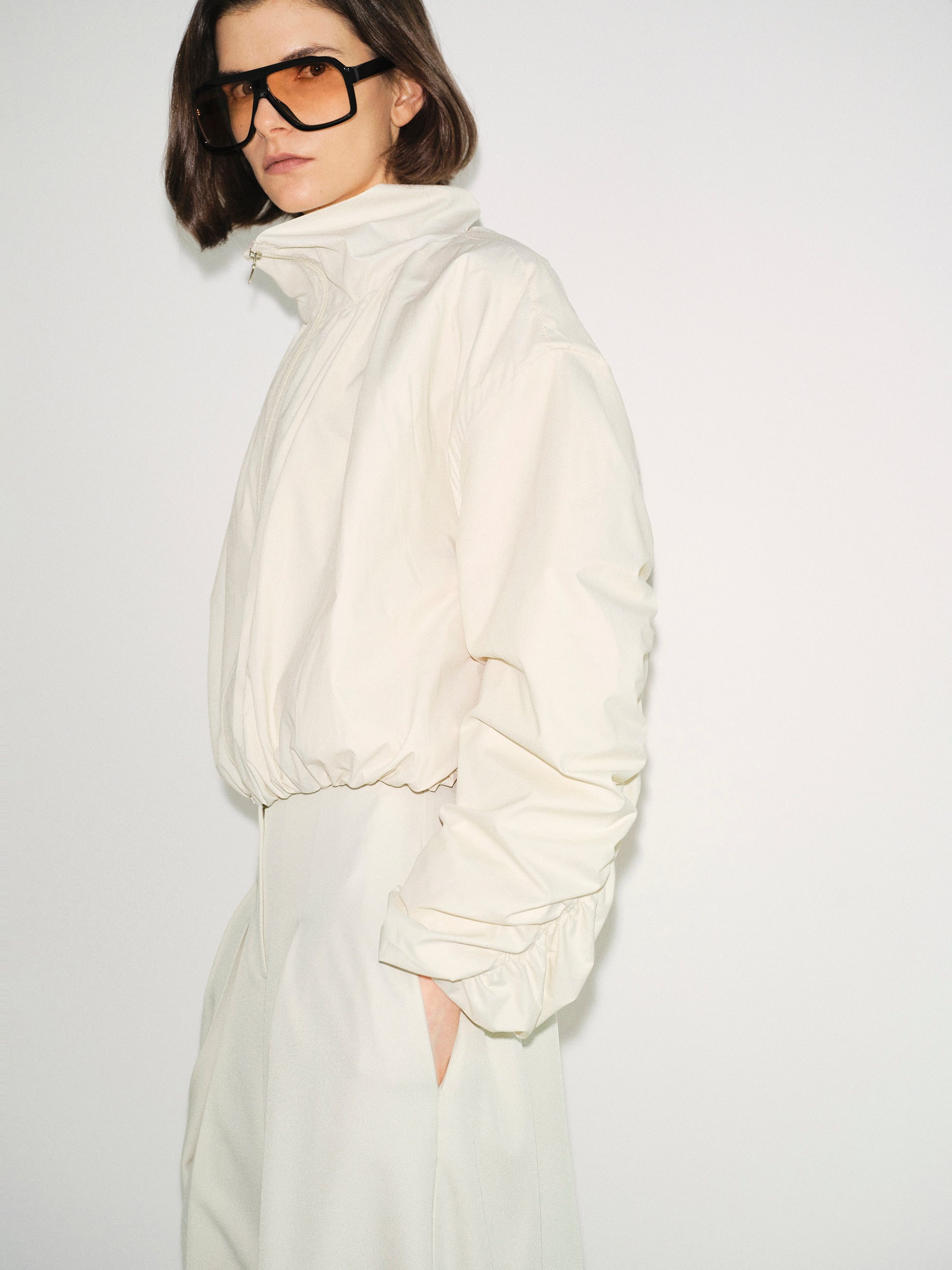 Shirred-Back Blouson Jacket, Cream