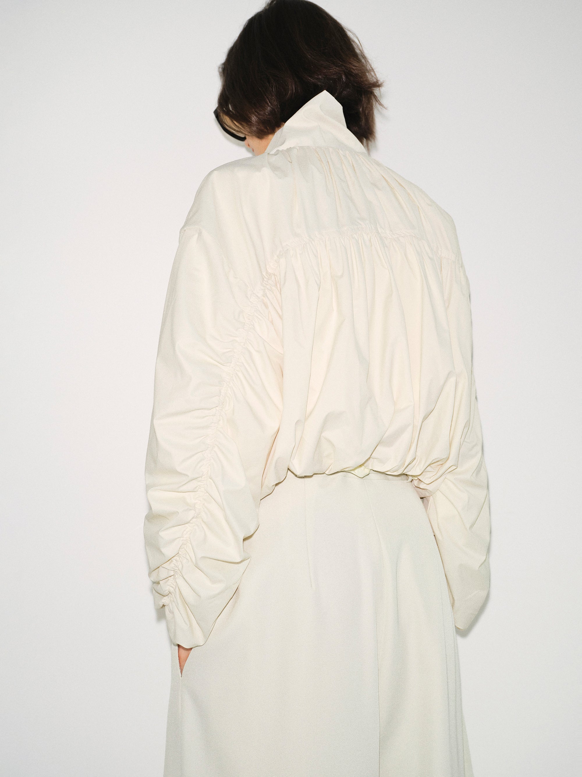 Shirred-Back Blouson Jacket, Cream
