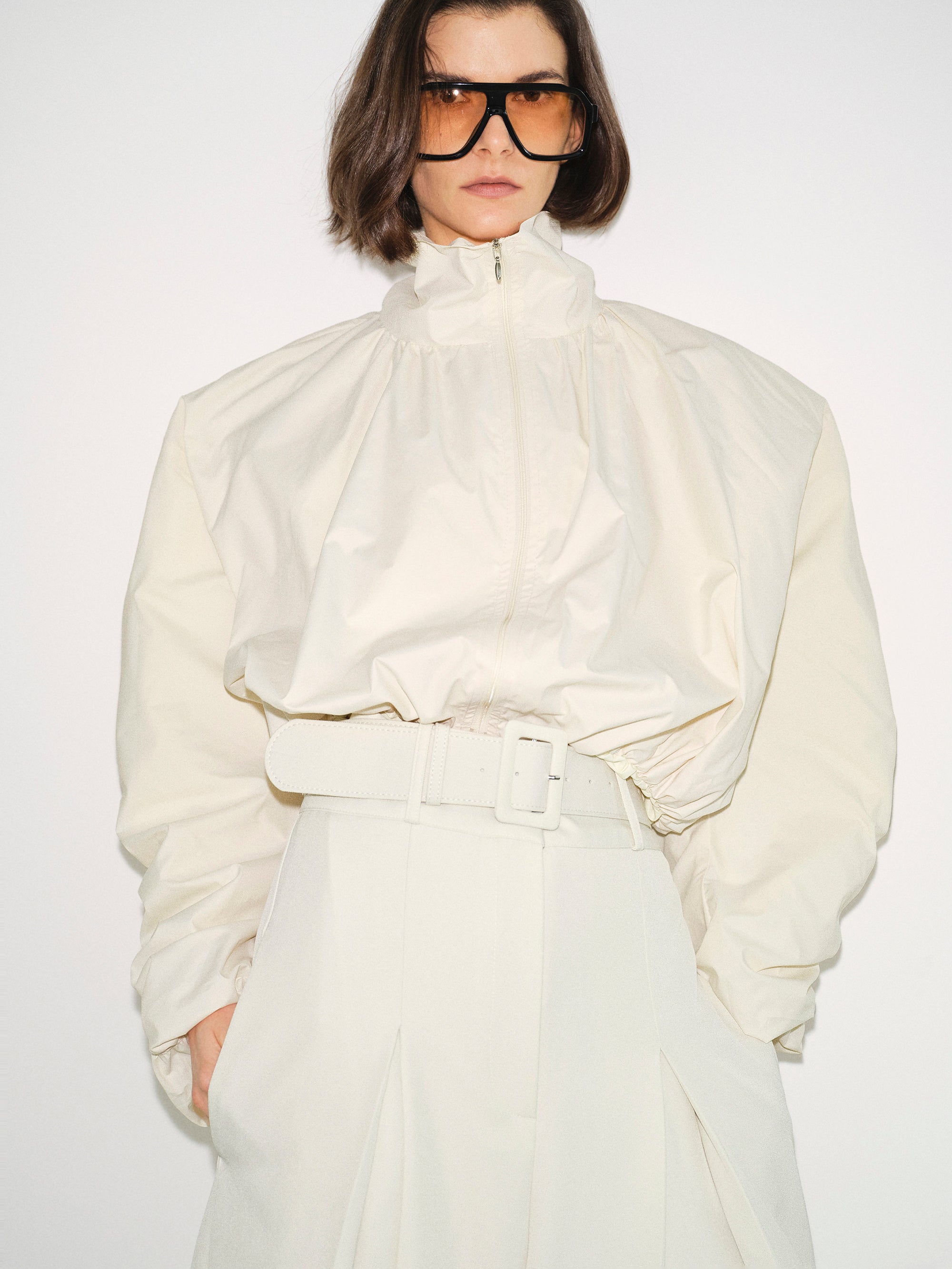 Shirred-Back Blouson Jacket, Cream