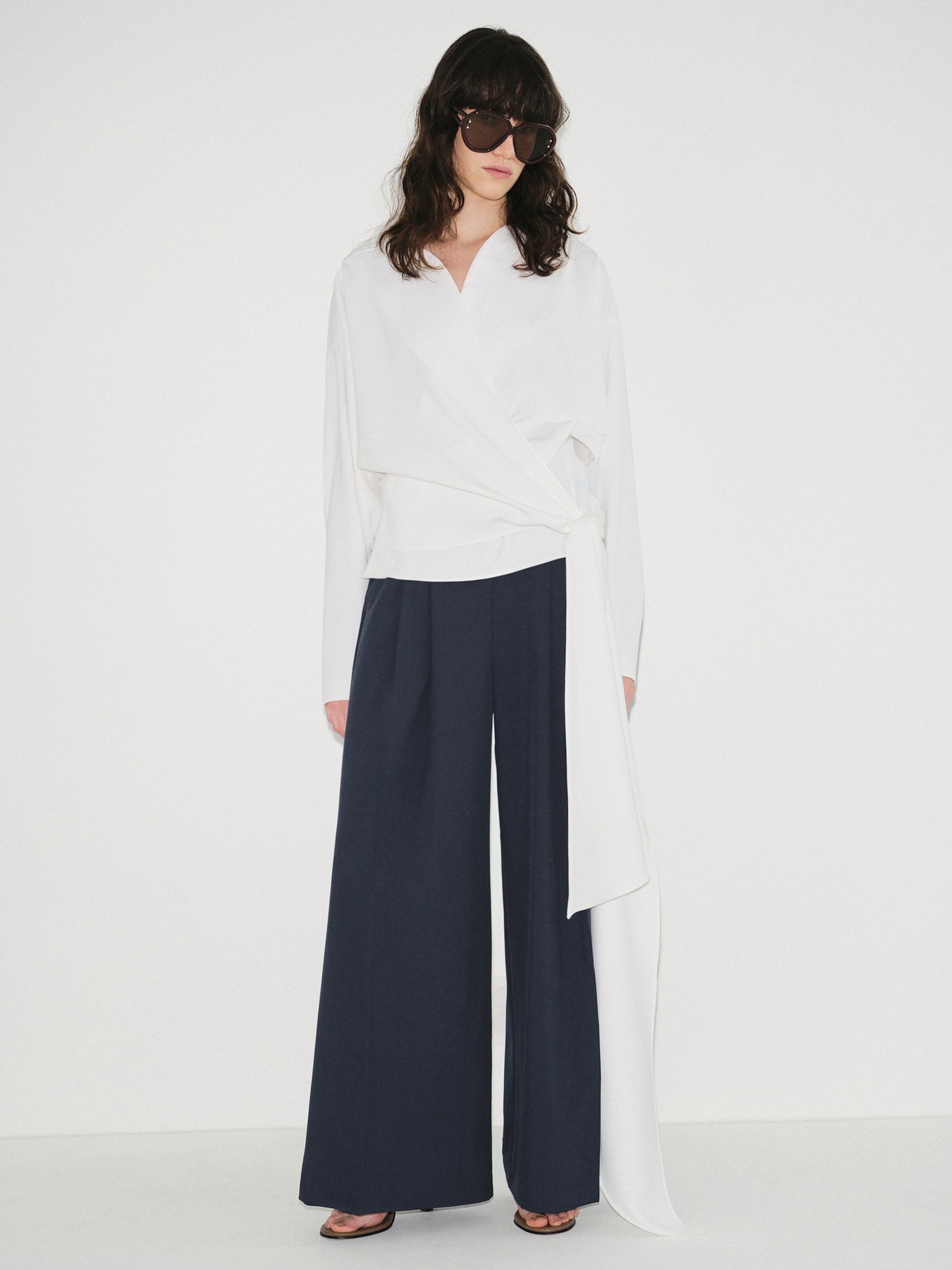 Double Pleated Wide-Leg Trousers, Navy