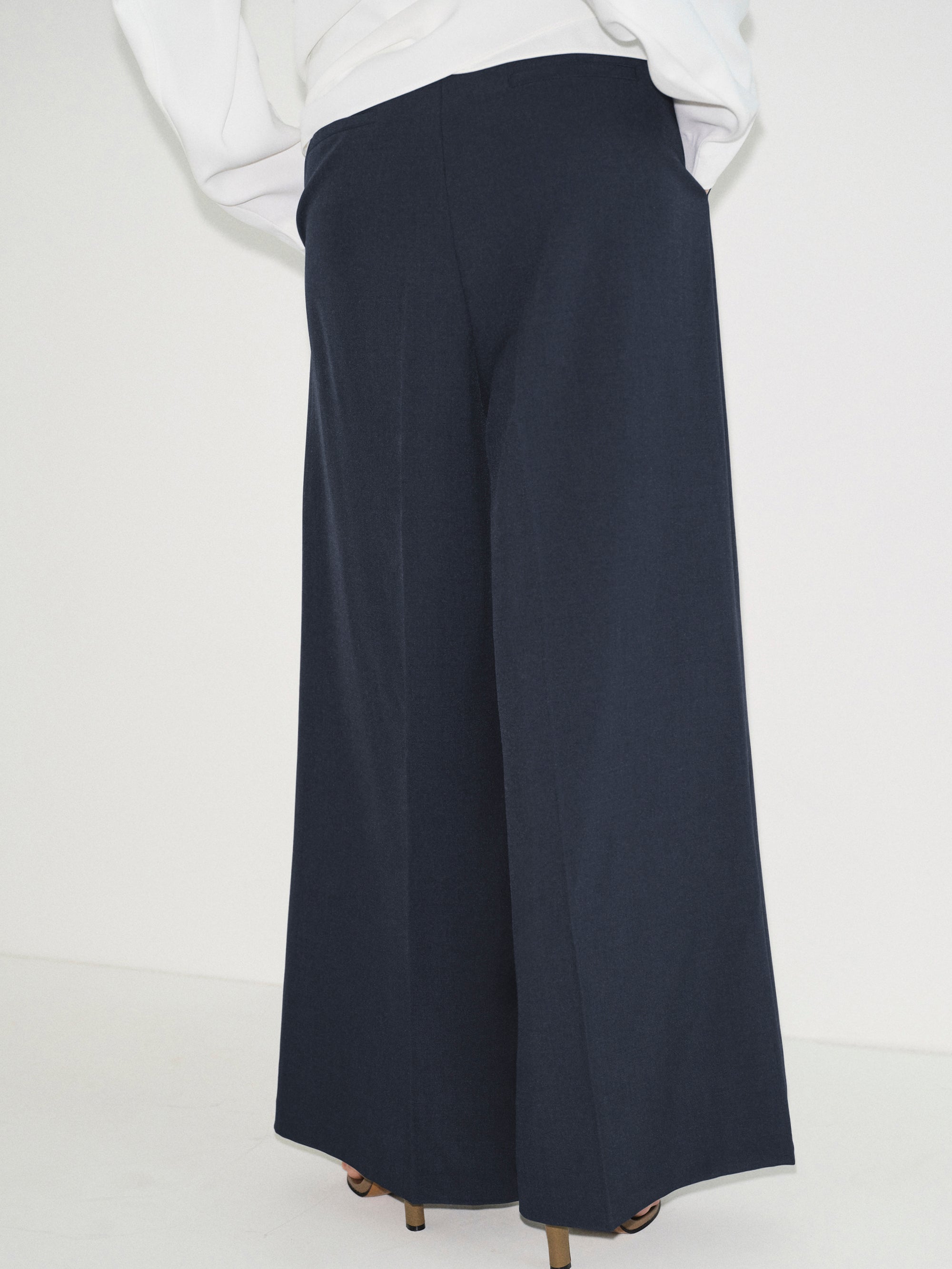 Double Pleated Wide-Leg Trousers, Navy