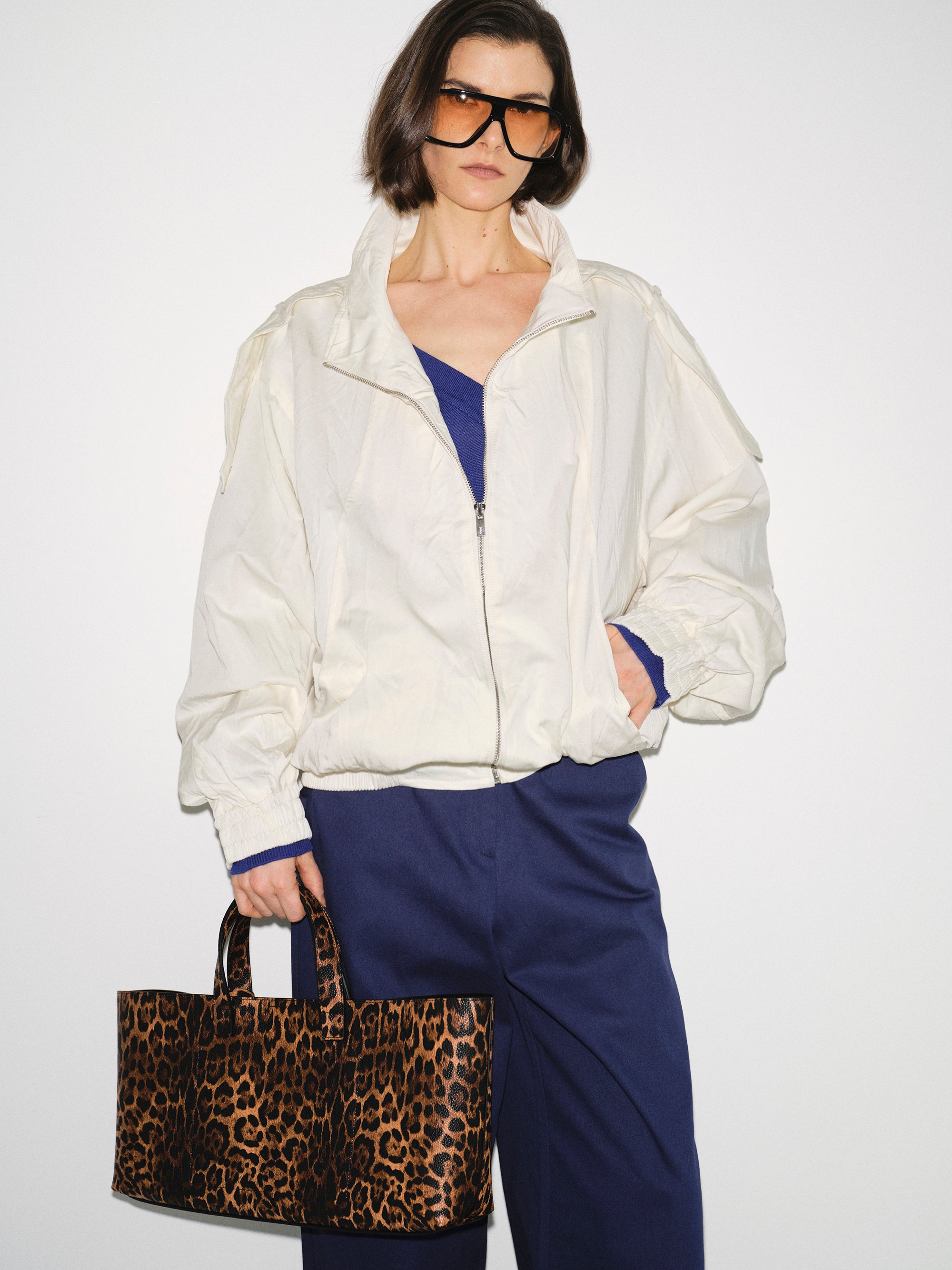 Creased-Effect Zip Jacket, Ivory