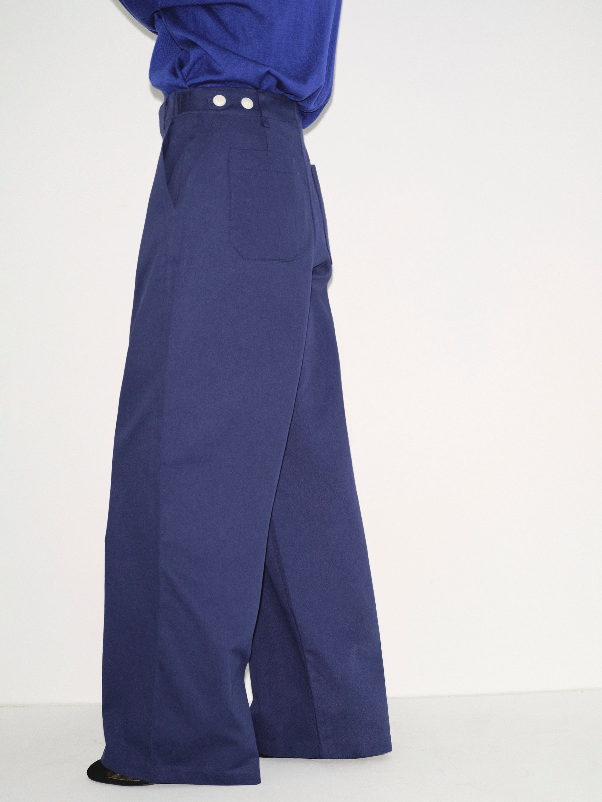 Buttoned Hem Cotton Pants, Navy