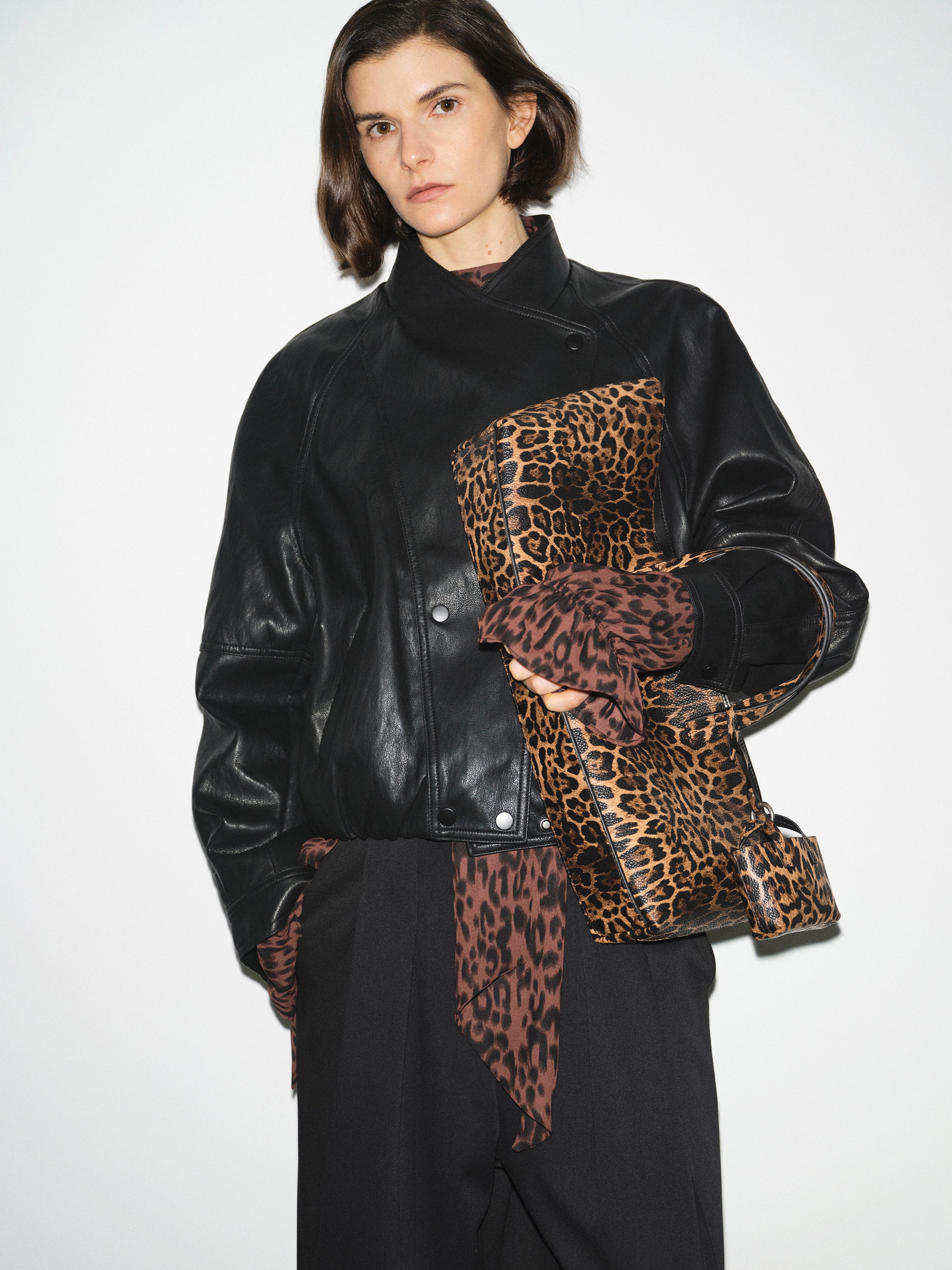 Wrap Stand Collar Faux-Leather Jacket, Black