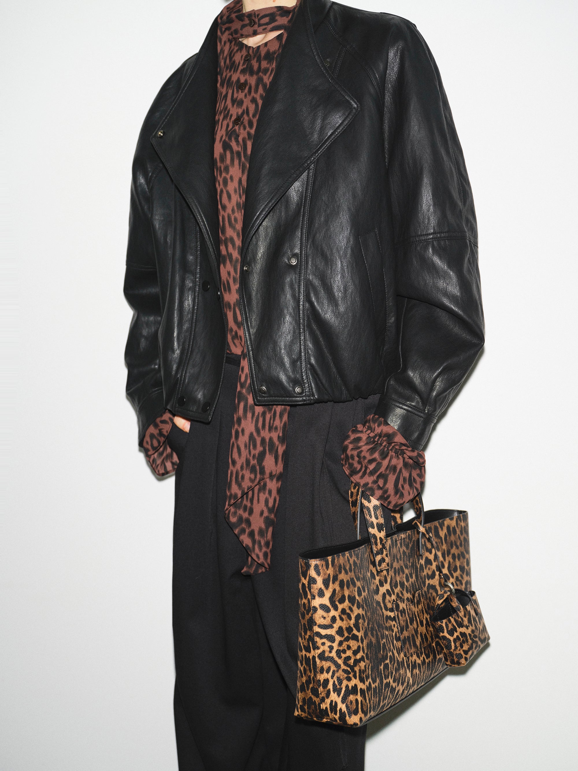 Wrap Stand Collar Faux-Leather Jacket, Black