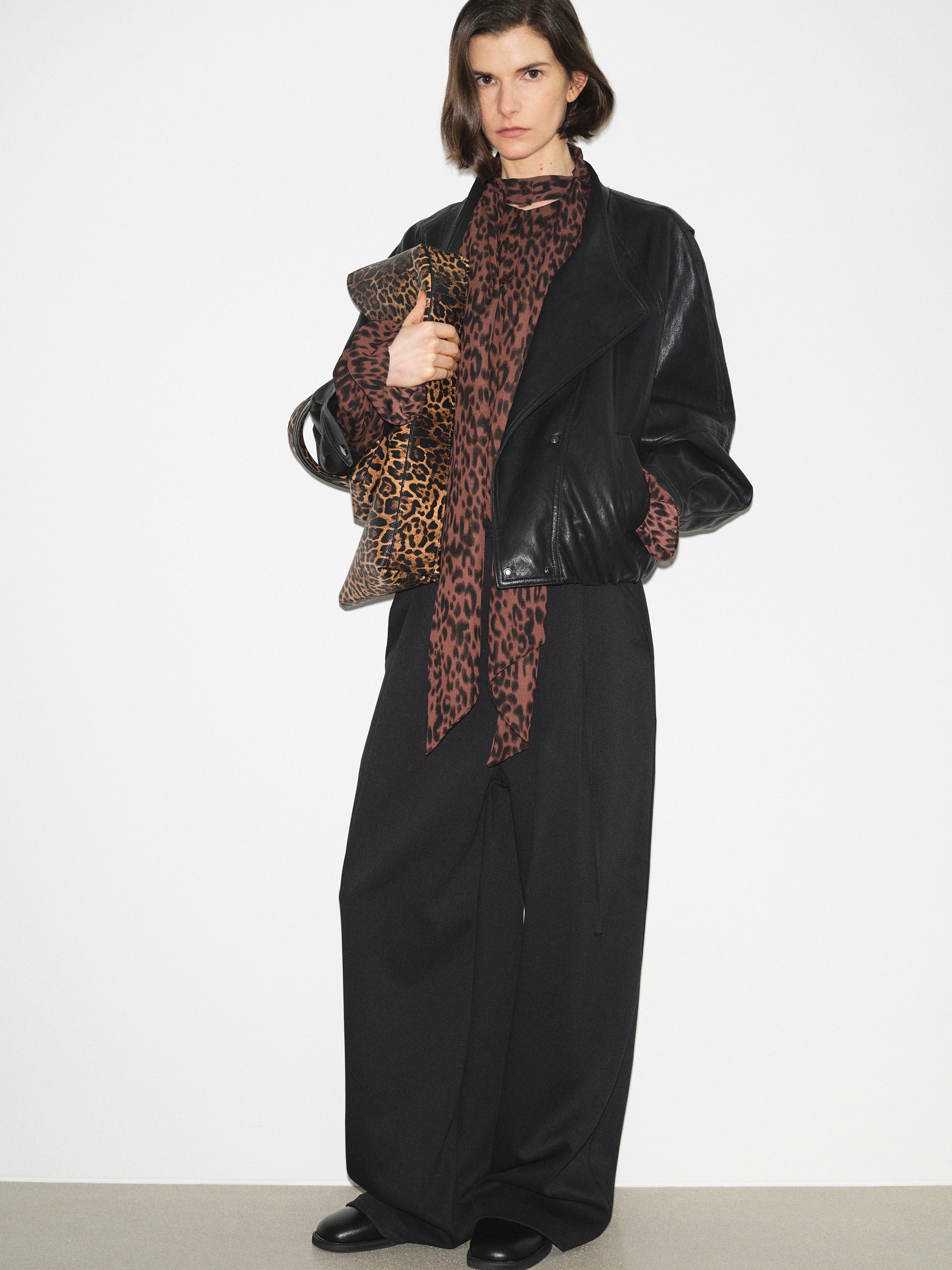 Wrap Stand Collar Faux-Leather Jacket, Black