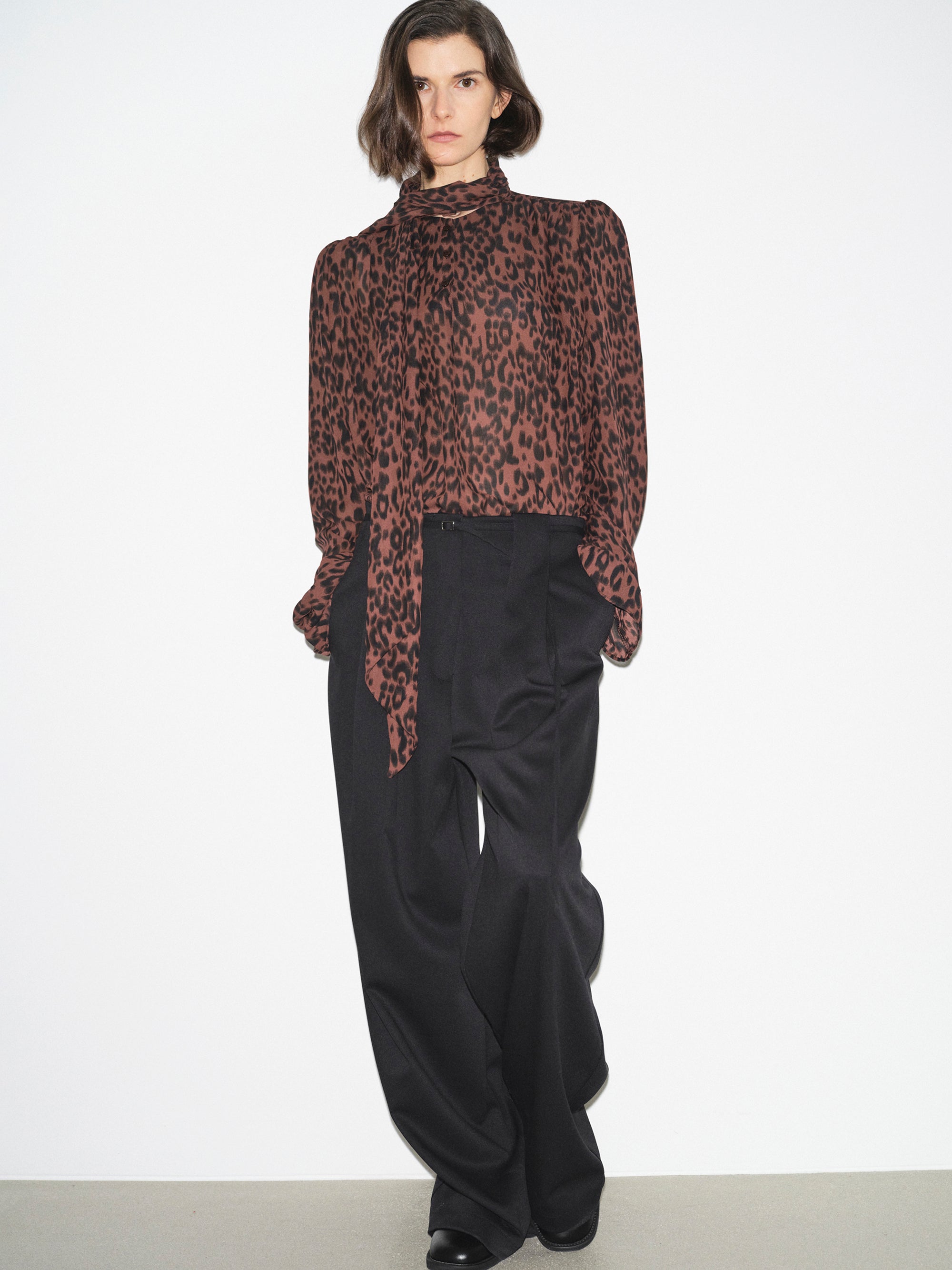 Semi-Sheer Tie Blouse, Leopard