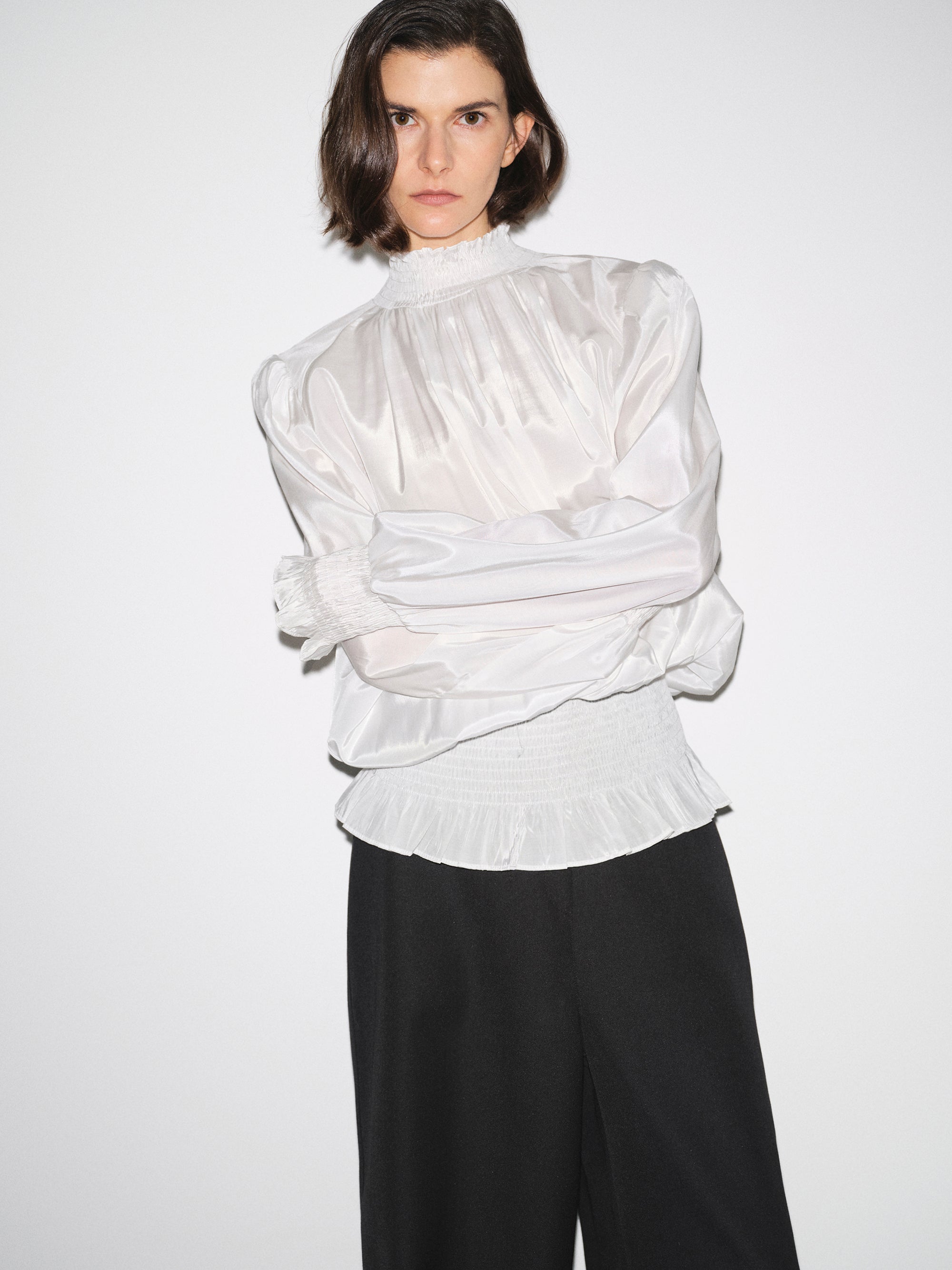 Smocked High-Neck Blouse, Ivory