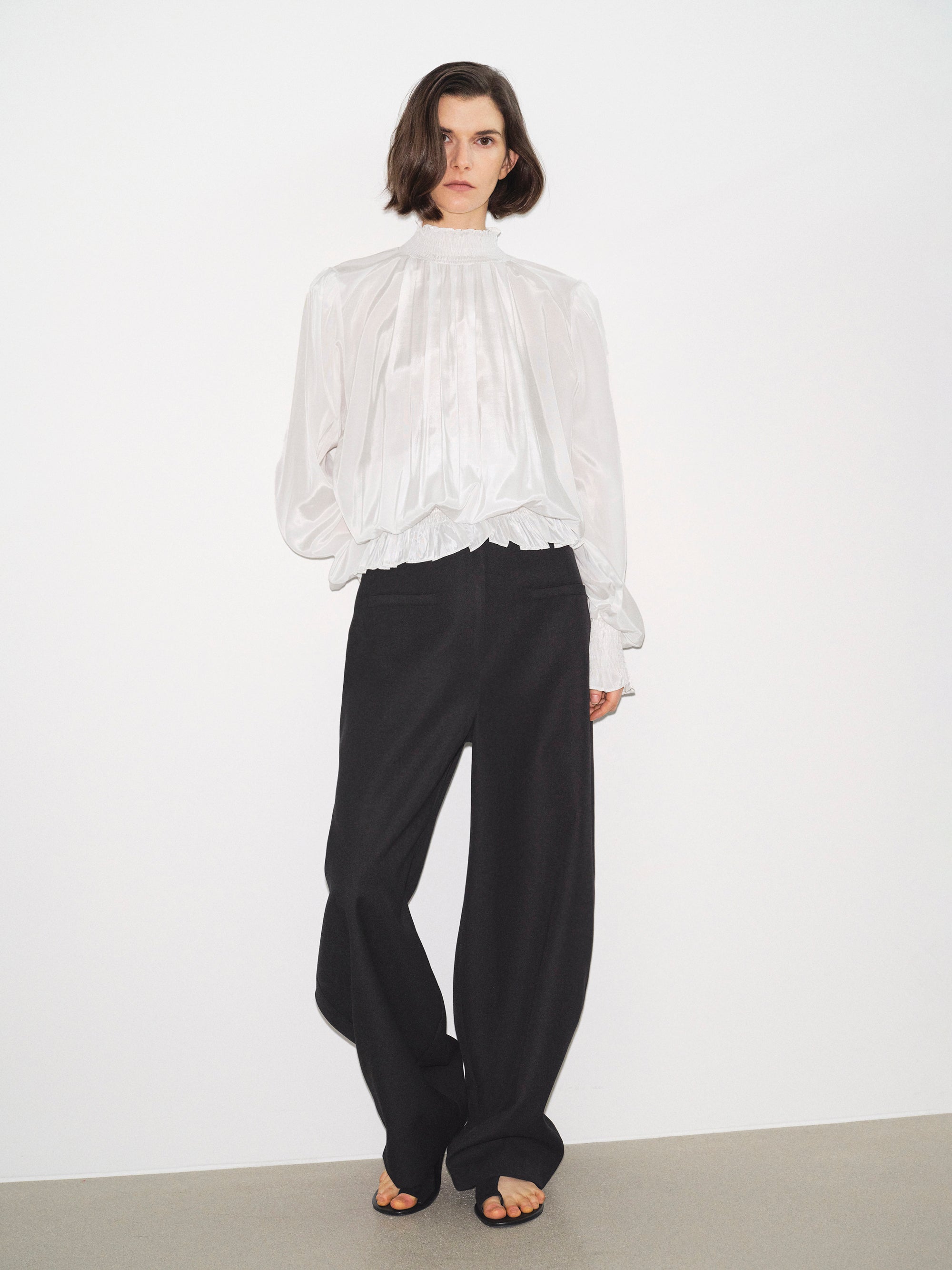 Smocked High-Neck Blouse, Ivory