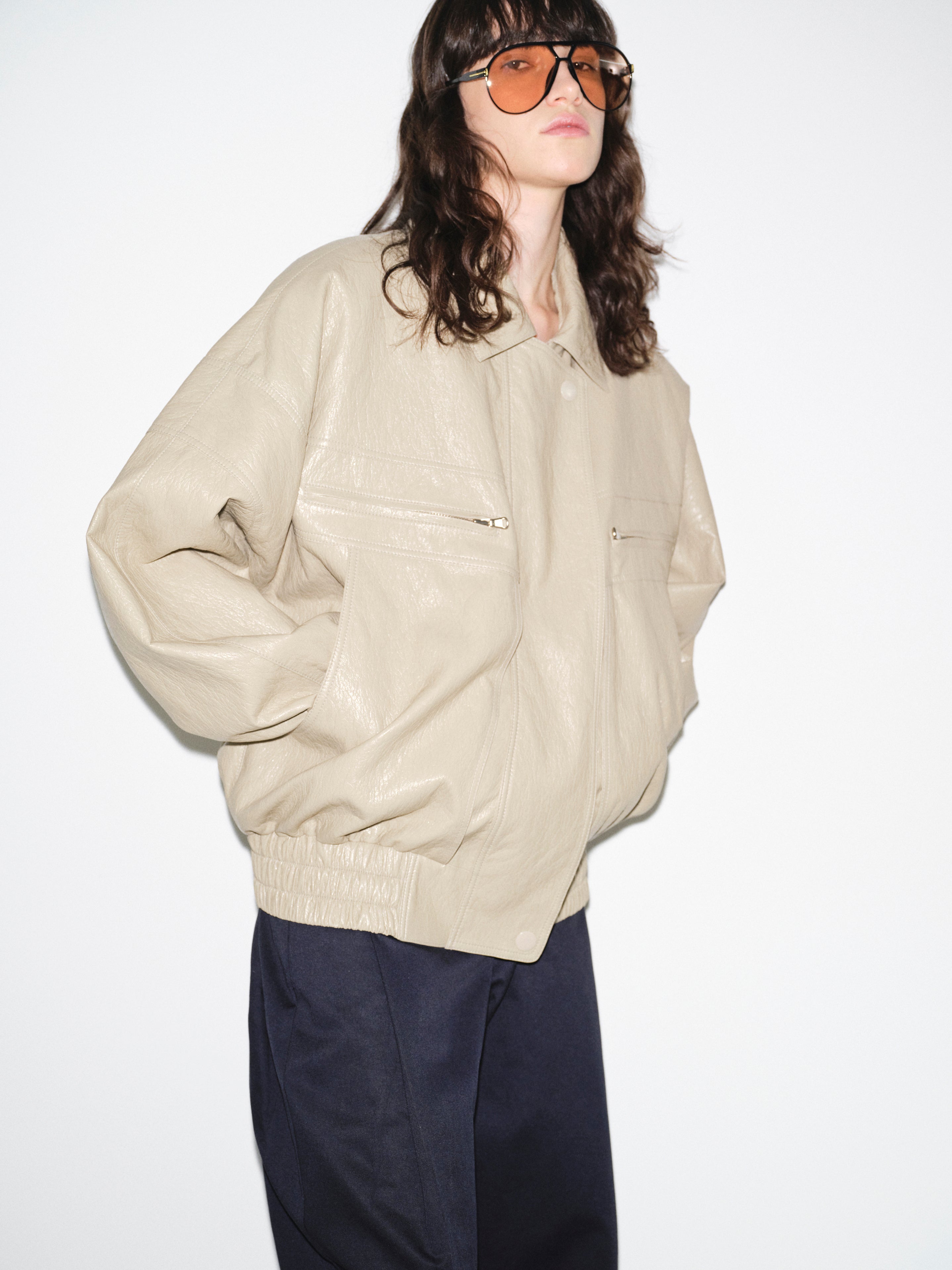 Noler Boxy Faux-Leather Bomber Jacket, Beige