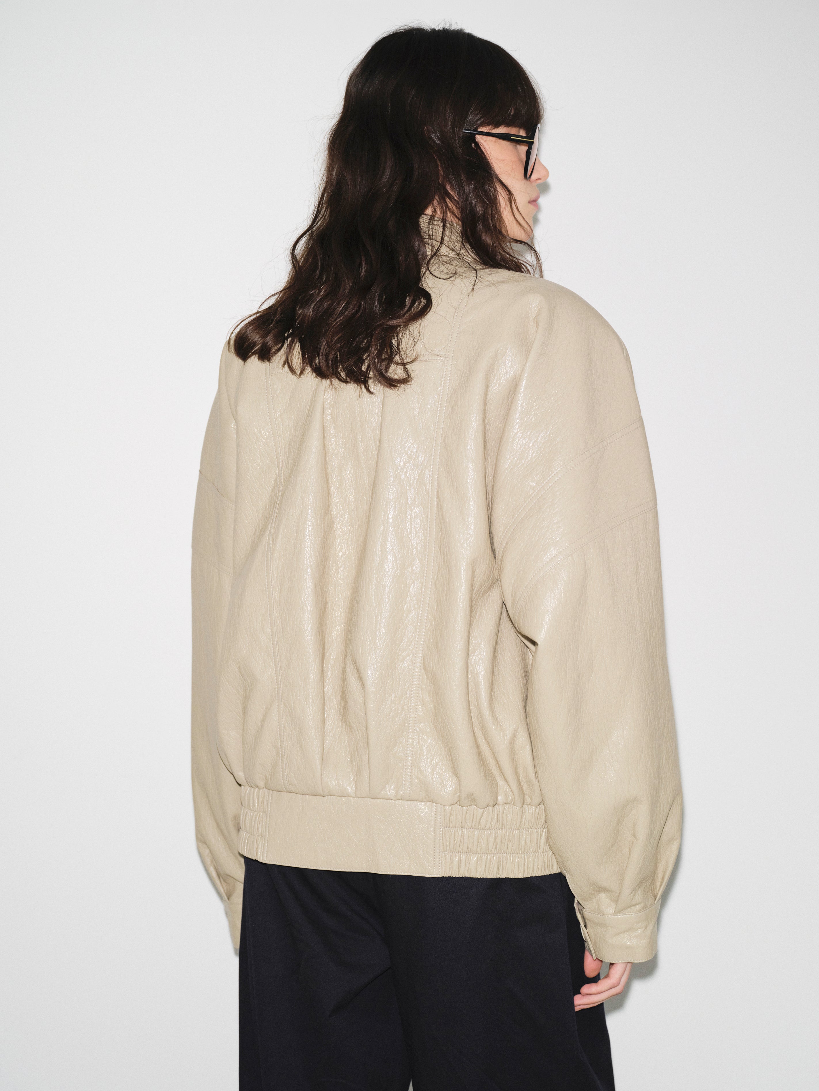 Noler Boxy Faux-Leather Bomber Jacket, Beige