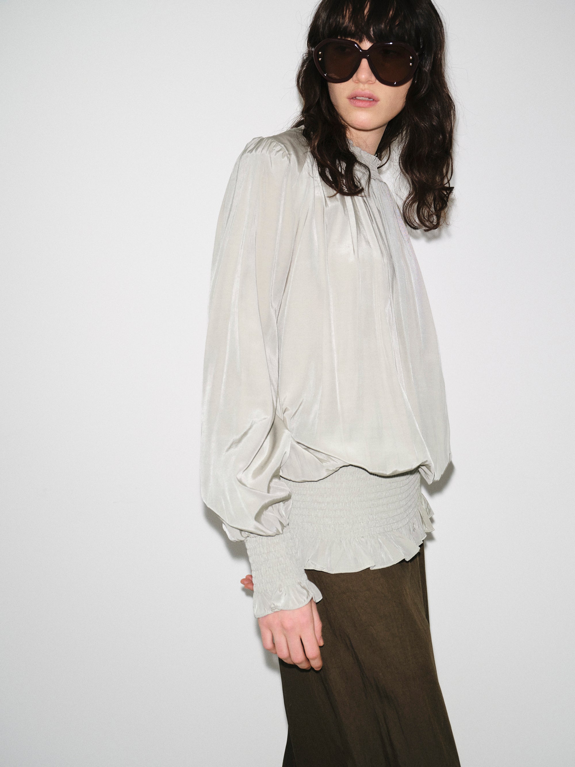 Smocked High-Neck Blouse, Khaki