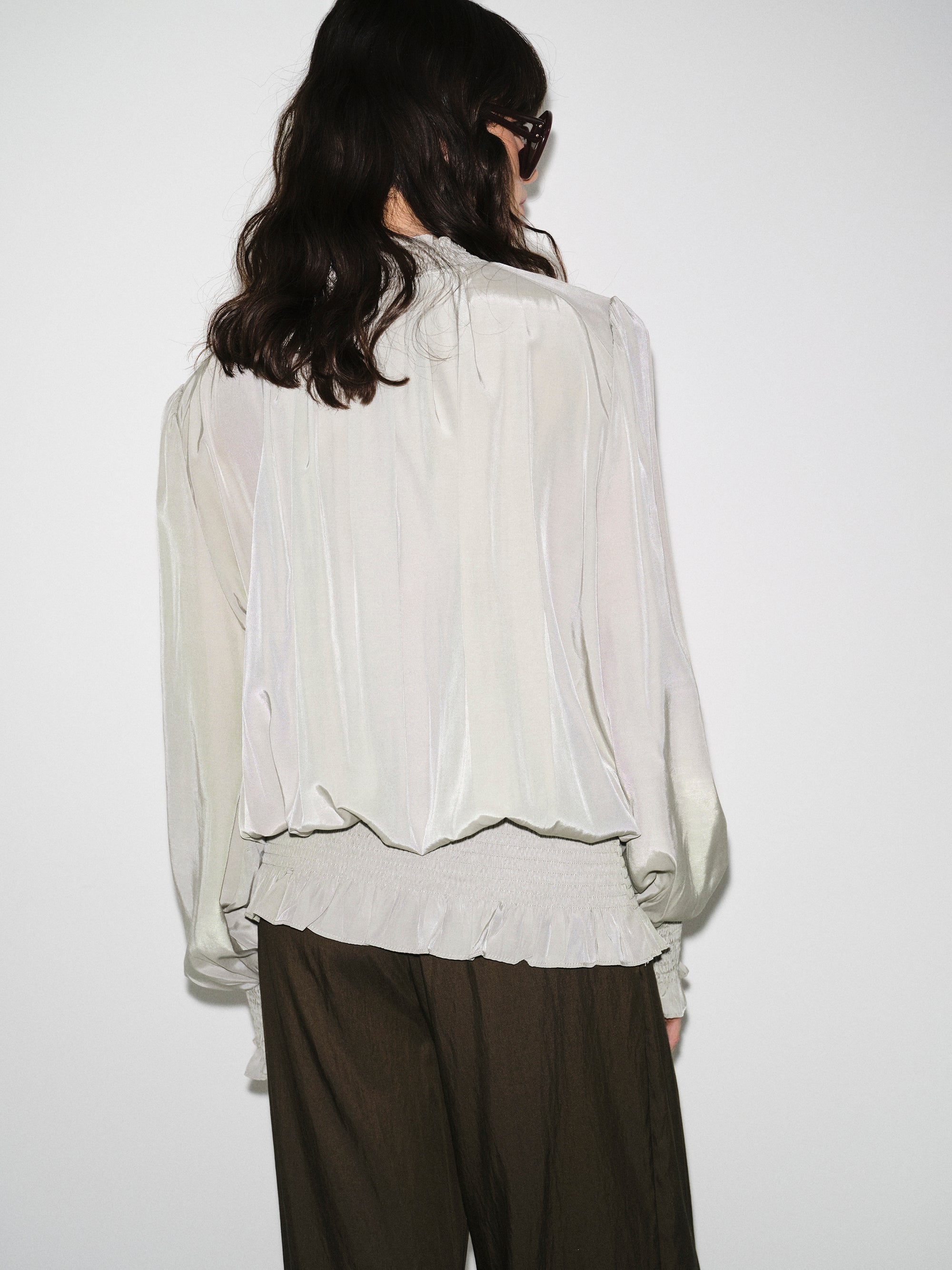 Smocked High-Neck Blouse, Khaki