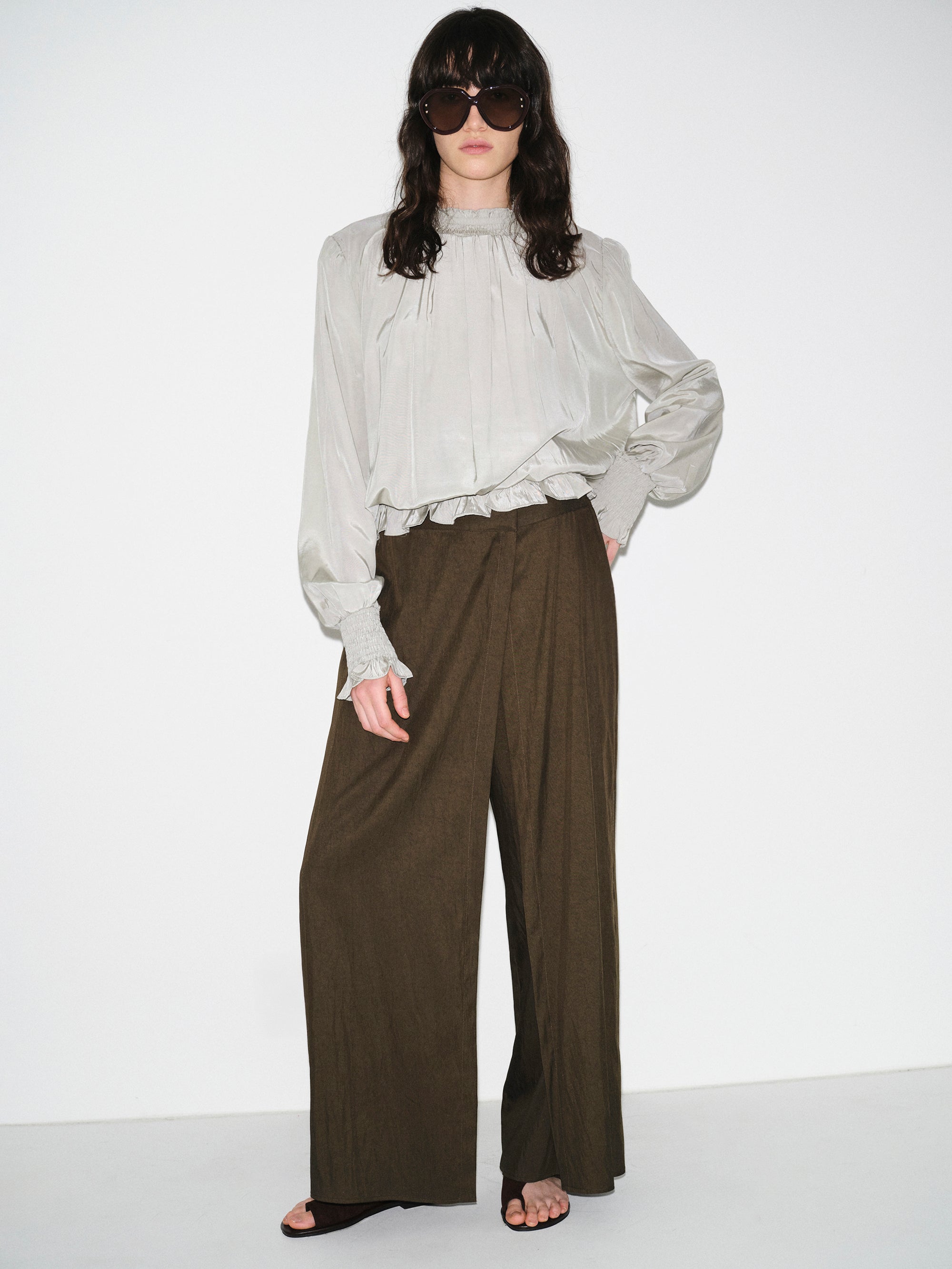 Smocked High-Neck Blouse, Khaki