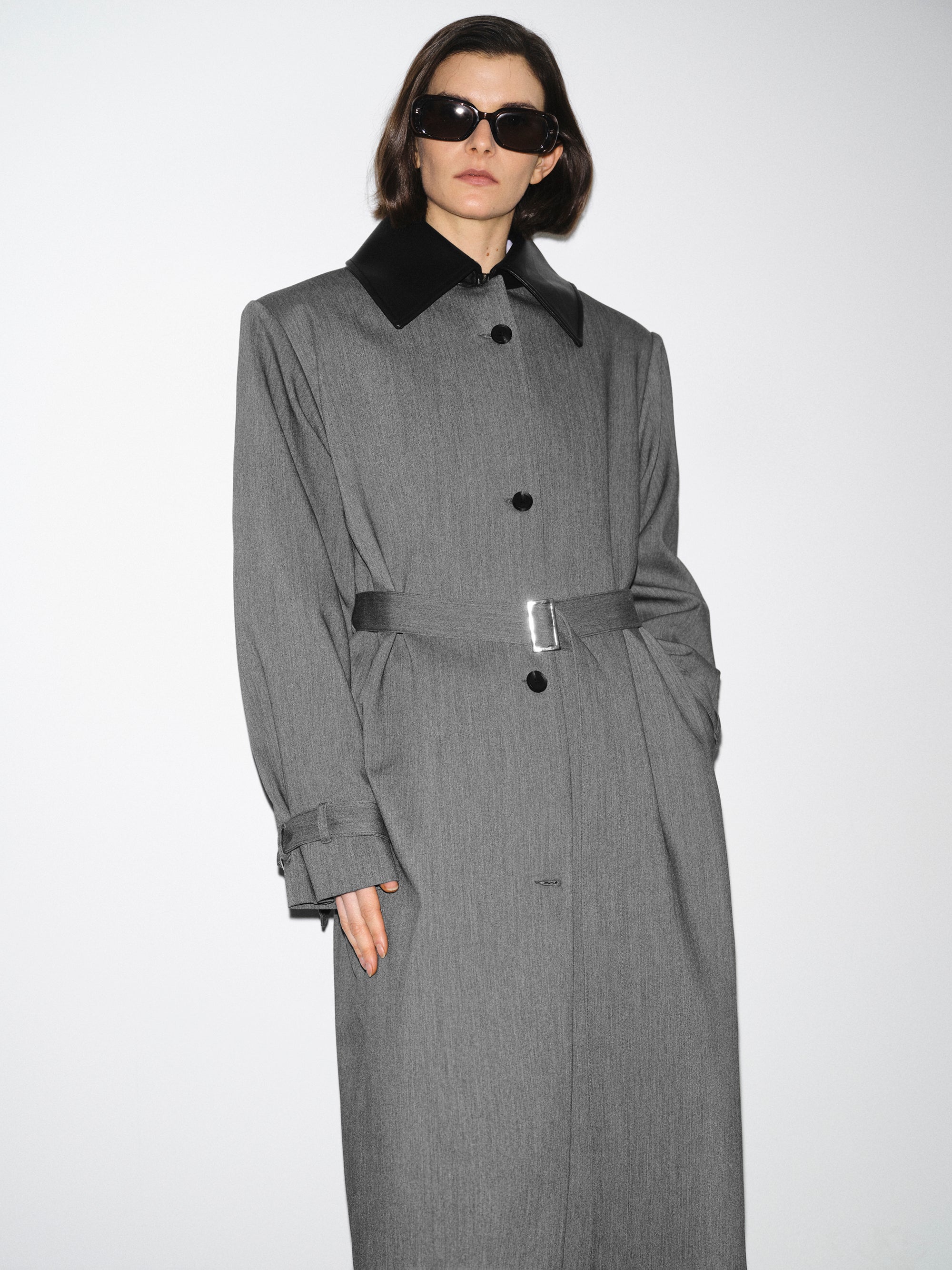 Faux-Leather Collar Long Coat, Grey