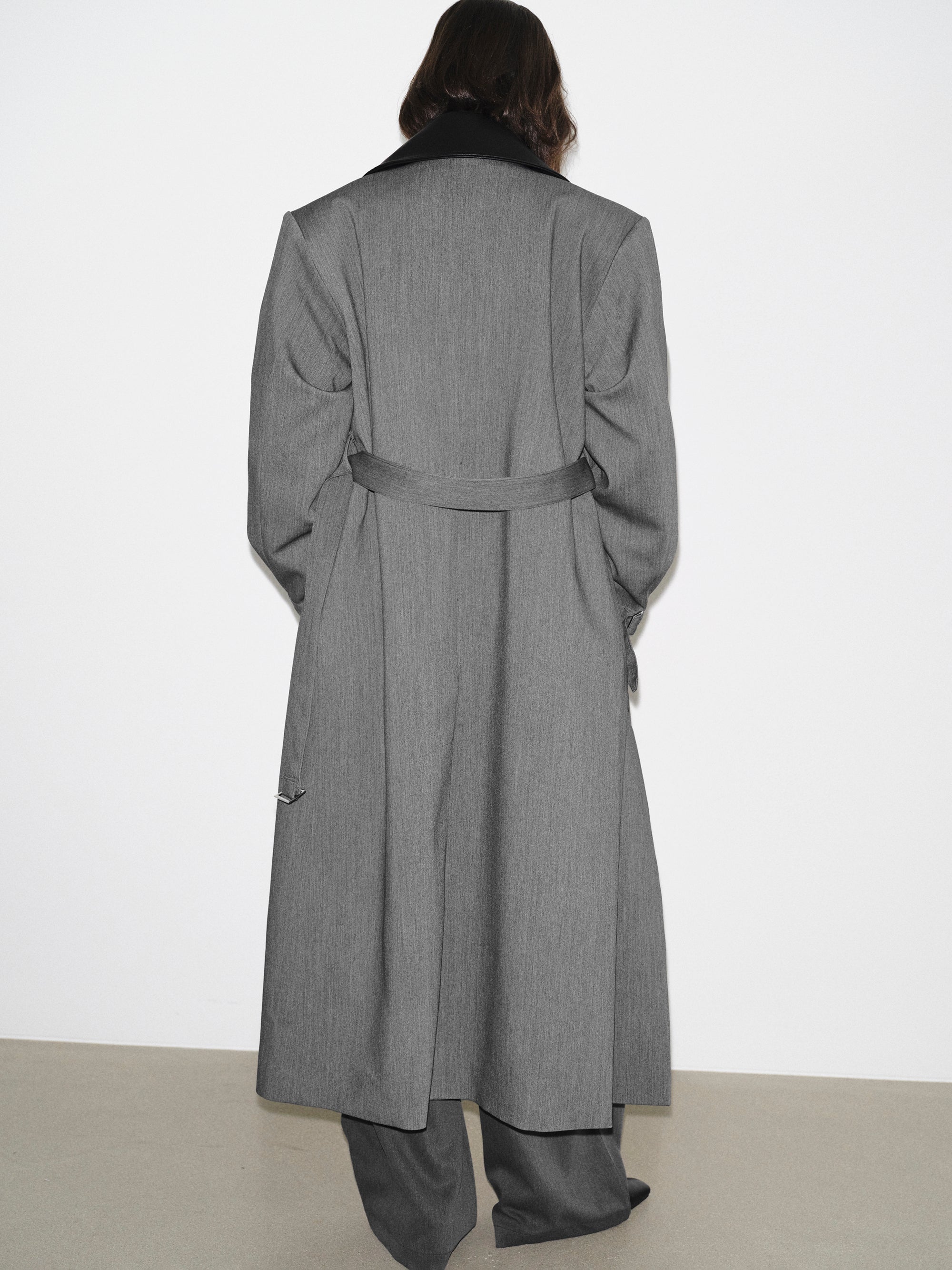 Faux-Leather Collar Long Coat, Grey