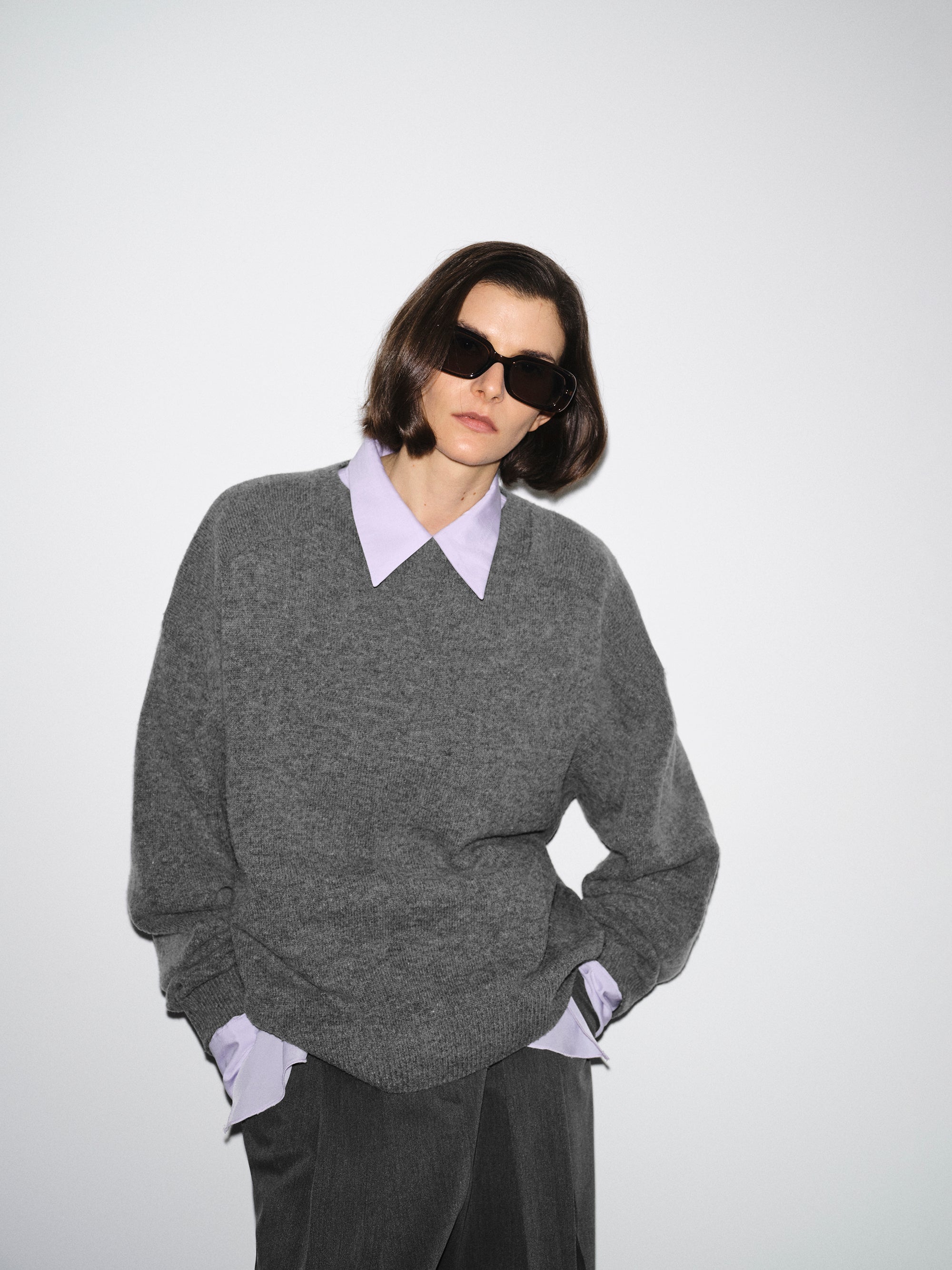 Wide-Shoulder Knit Sweater, Melange Grey