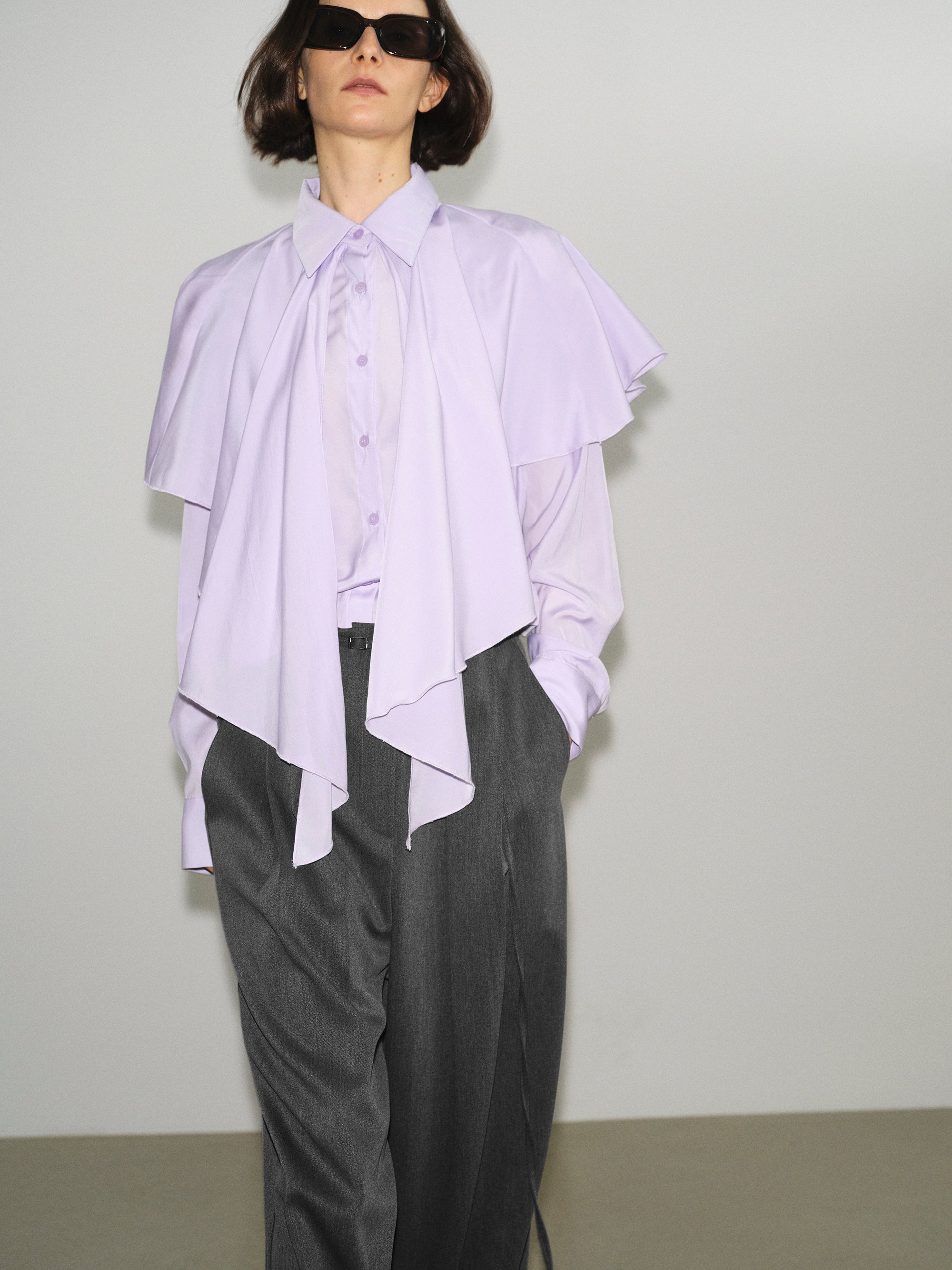 Scarf-Overlay Blouse, Purple