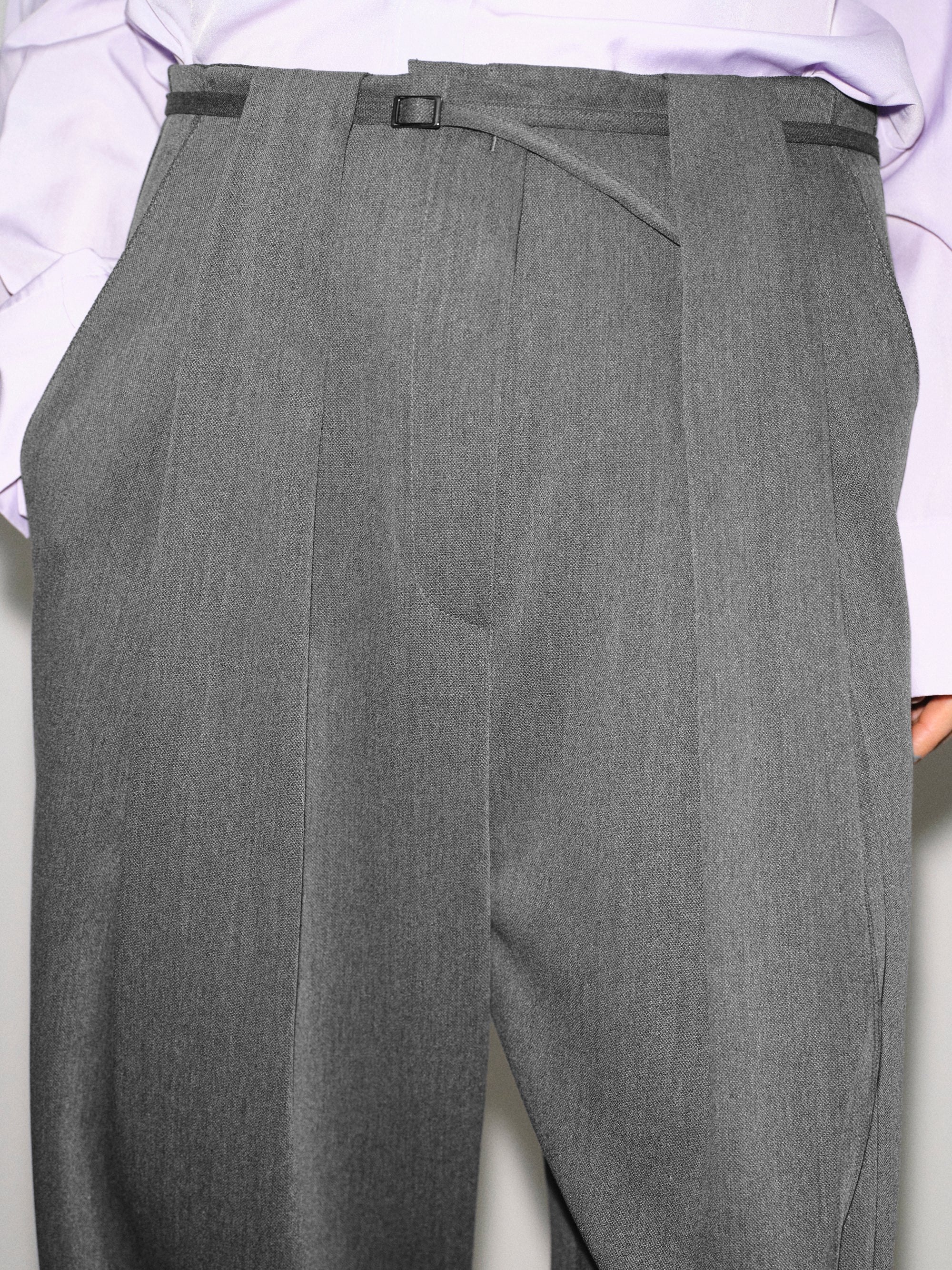 Belted Front-Tuck Trousers, Grey