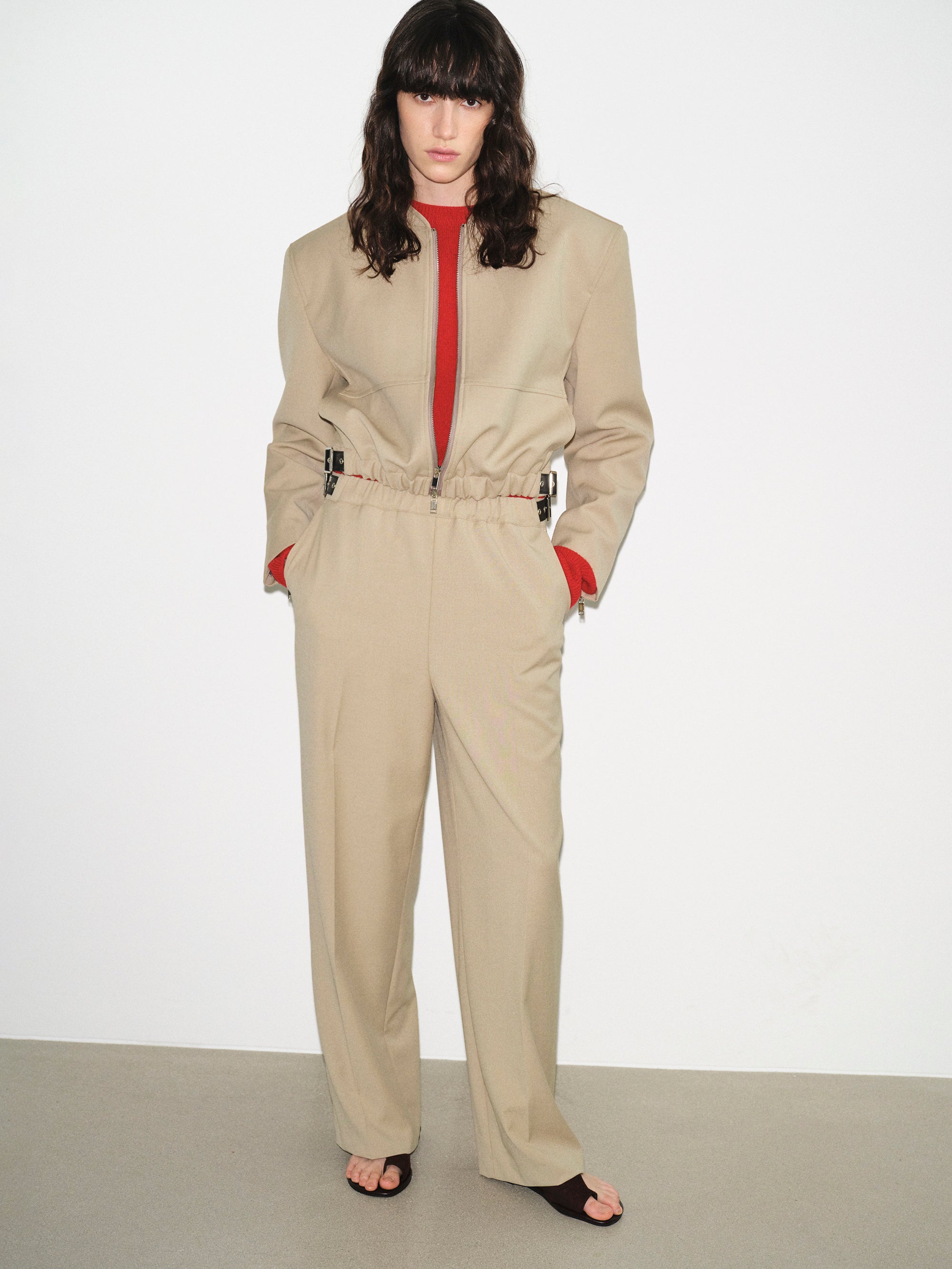 Side-Buckle Cropped Blouson, Beige