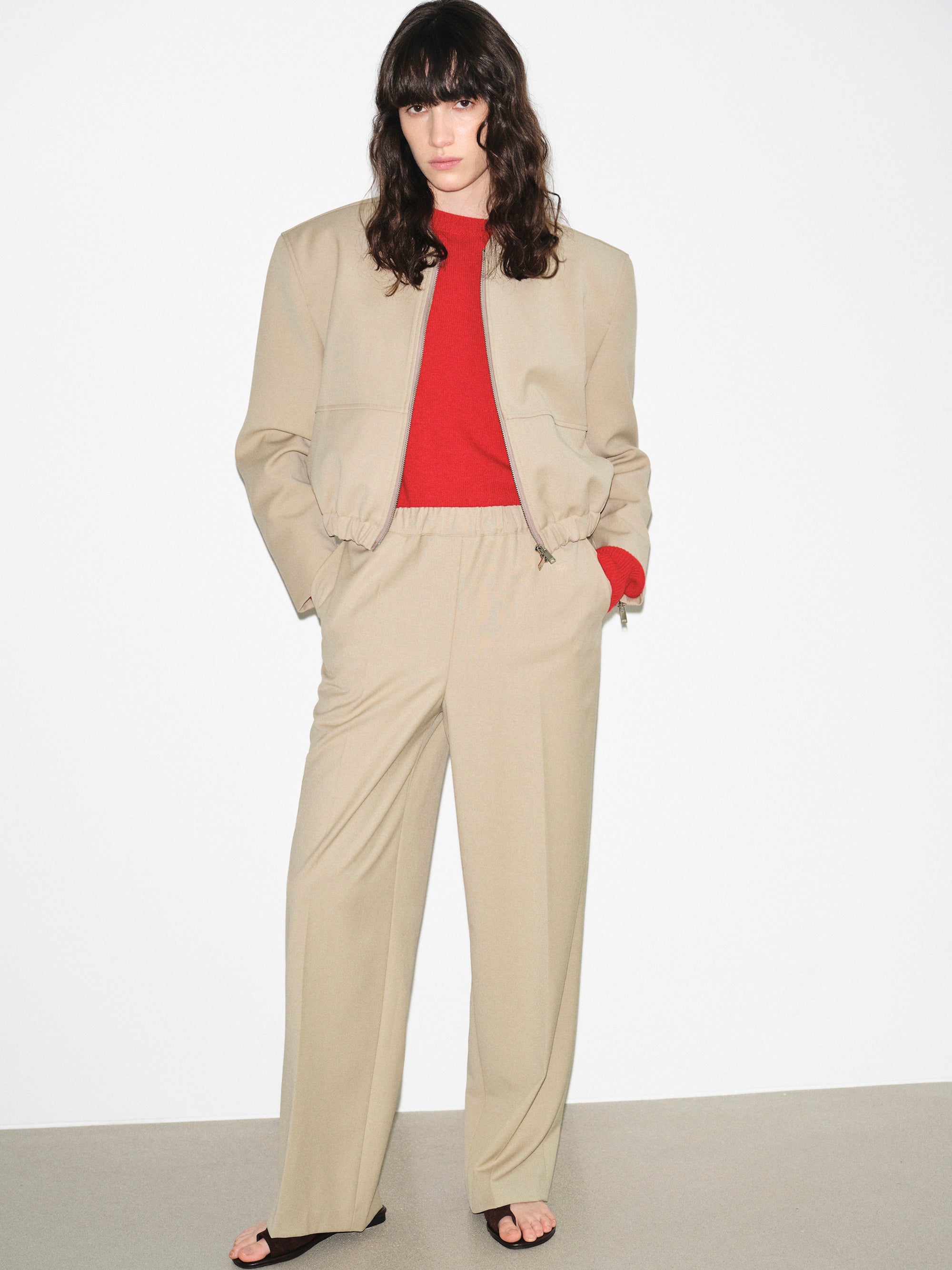 Side-Buckle Creased Trousers, Beige