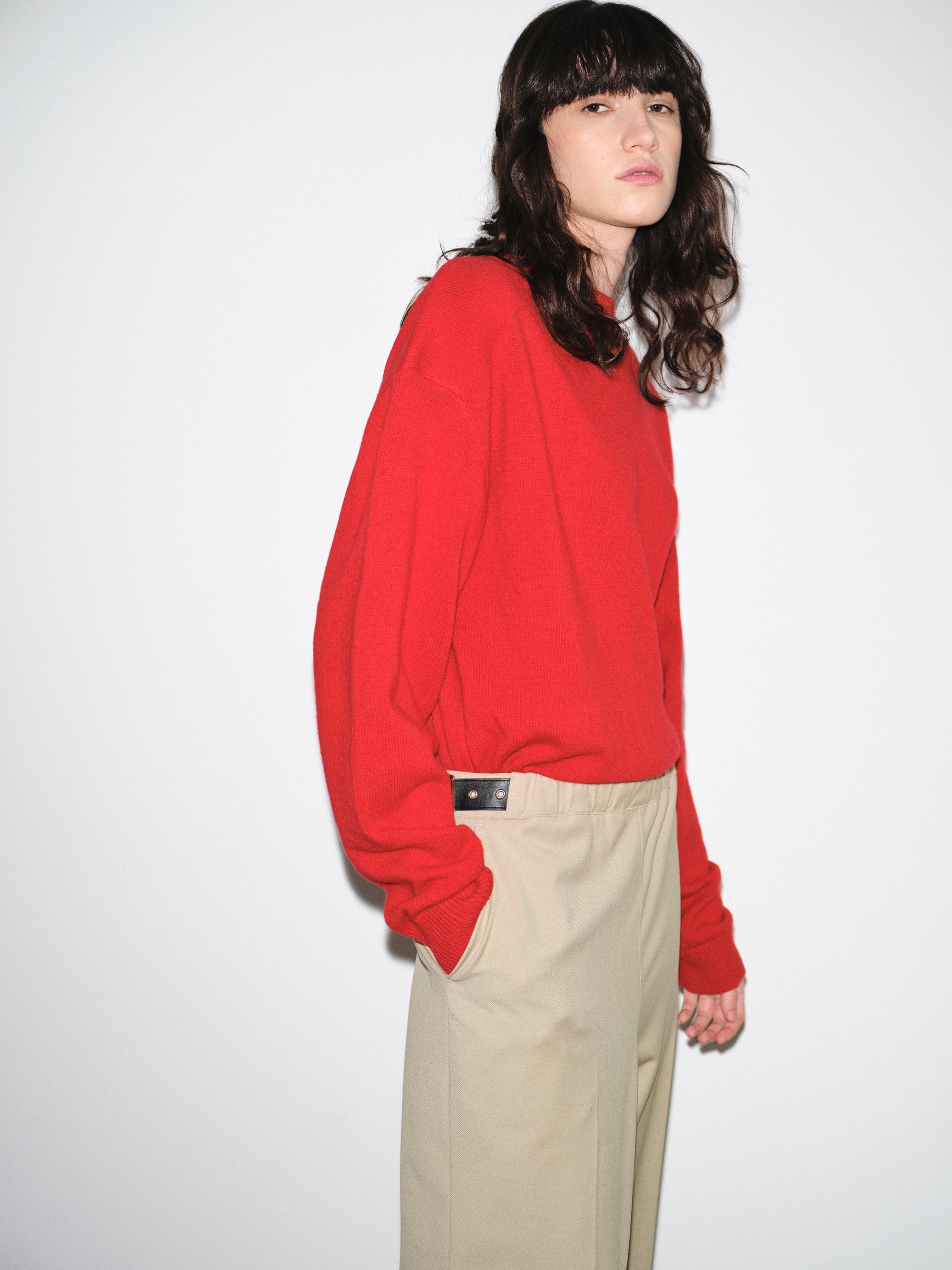 Wide-Shoulder Knit Sweater, Red