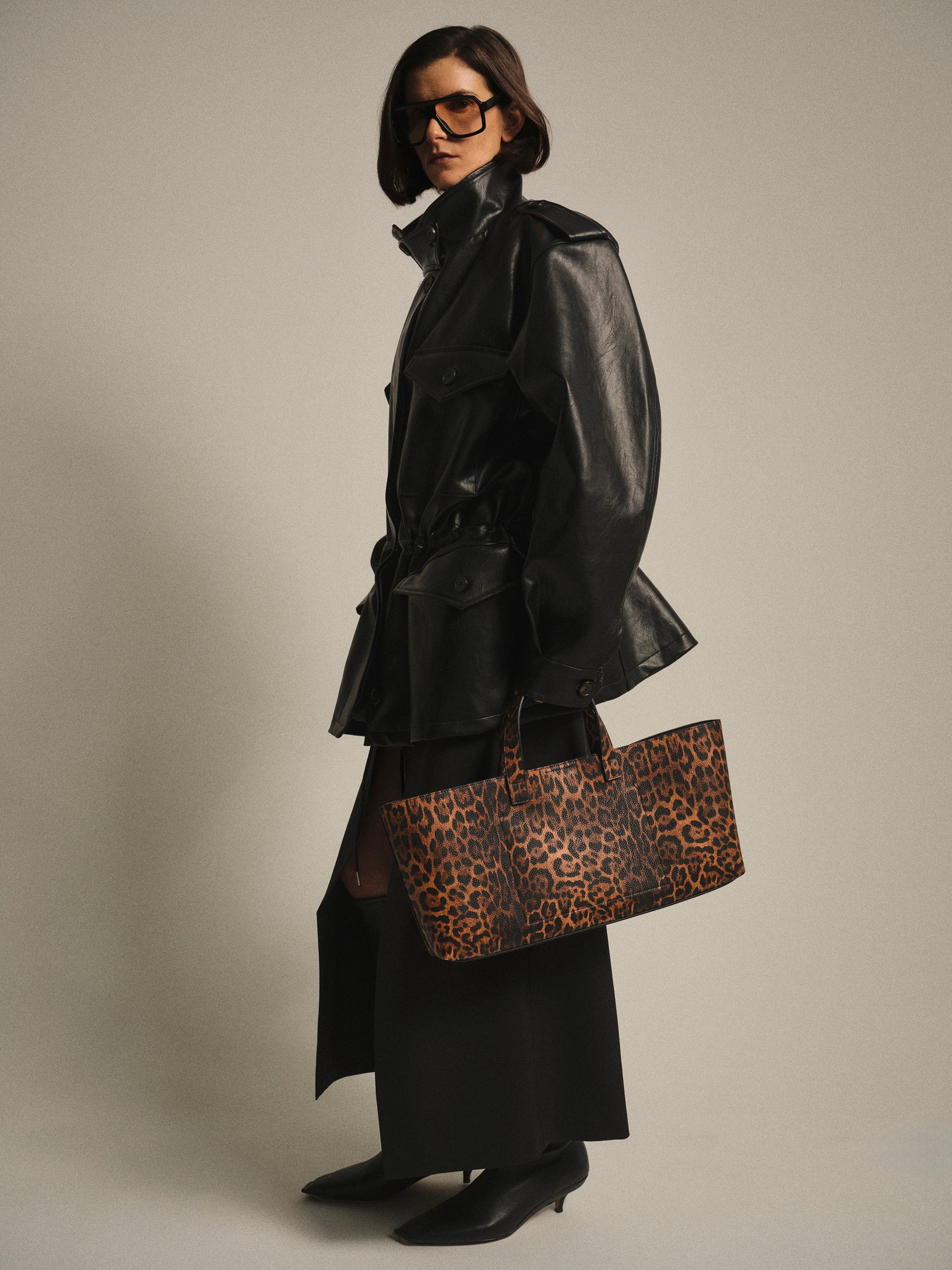 Ferro High-Neck Faux-Leather Field Jacket, Black