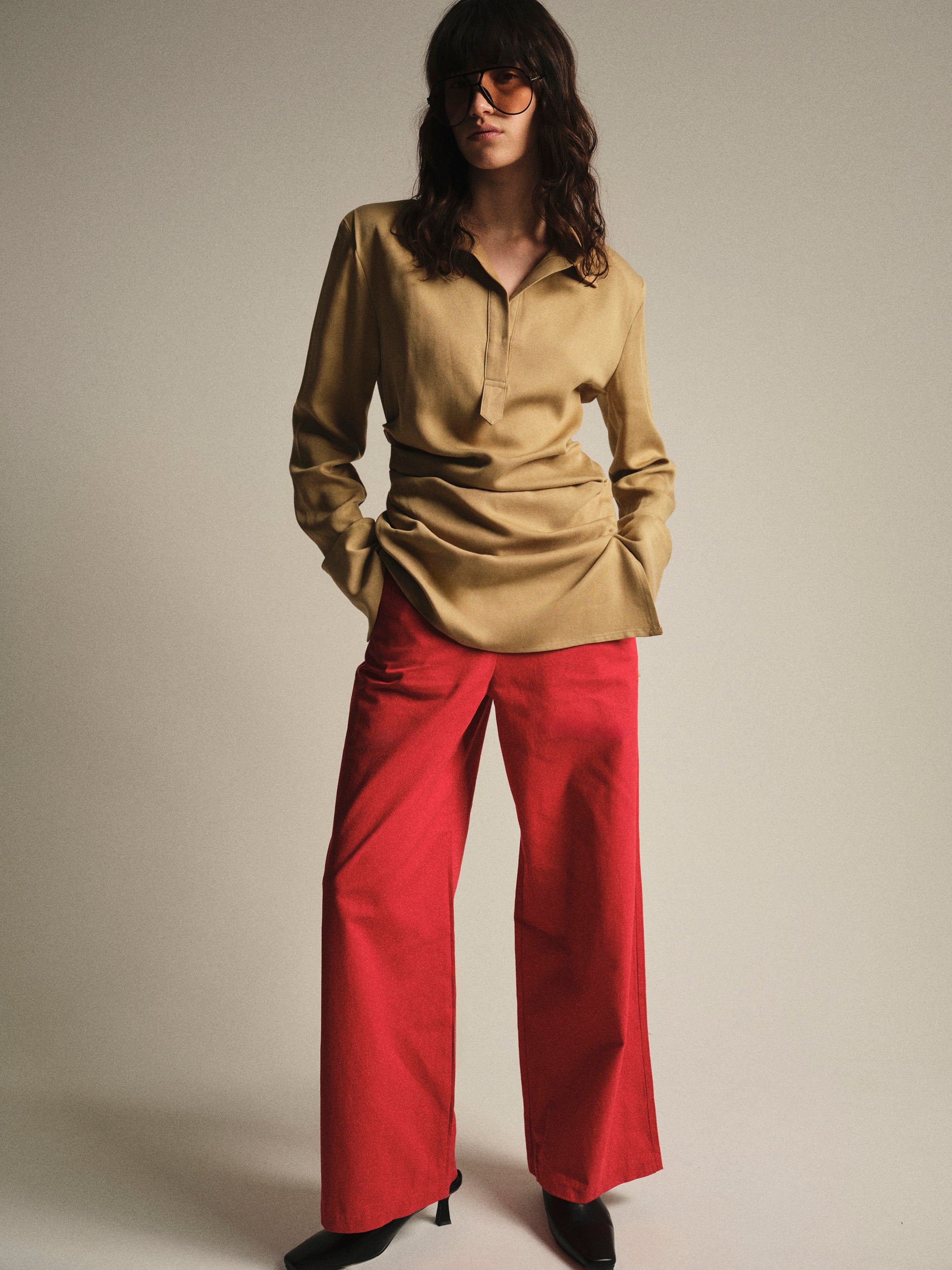 Buttoned Hem Cotton Pants, Red