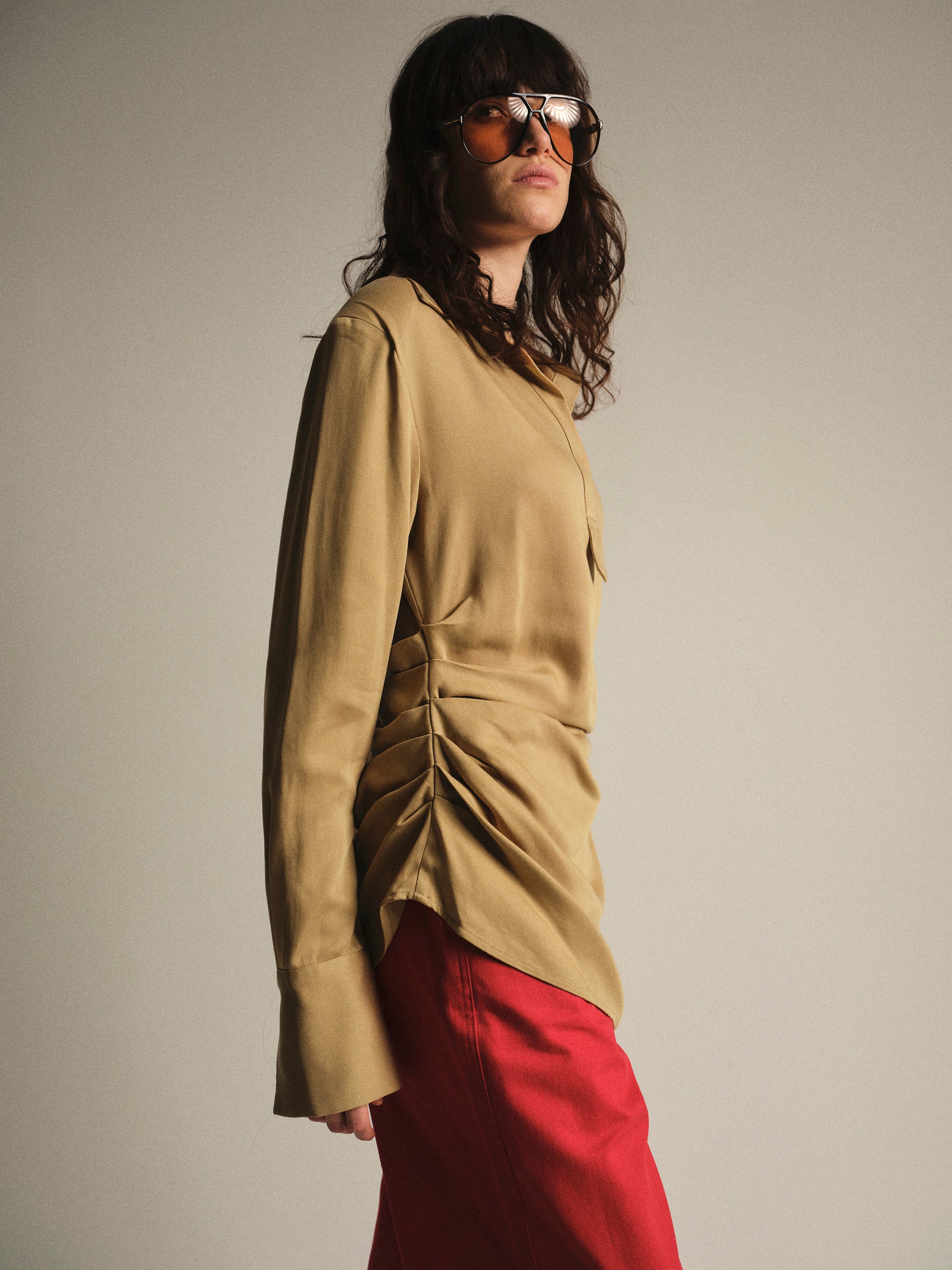 Asymmetric Ruched Blouse, Beige