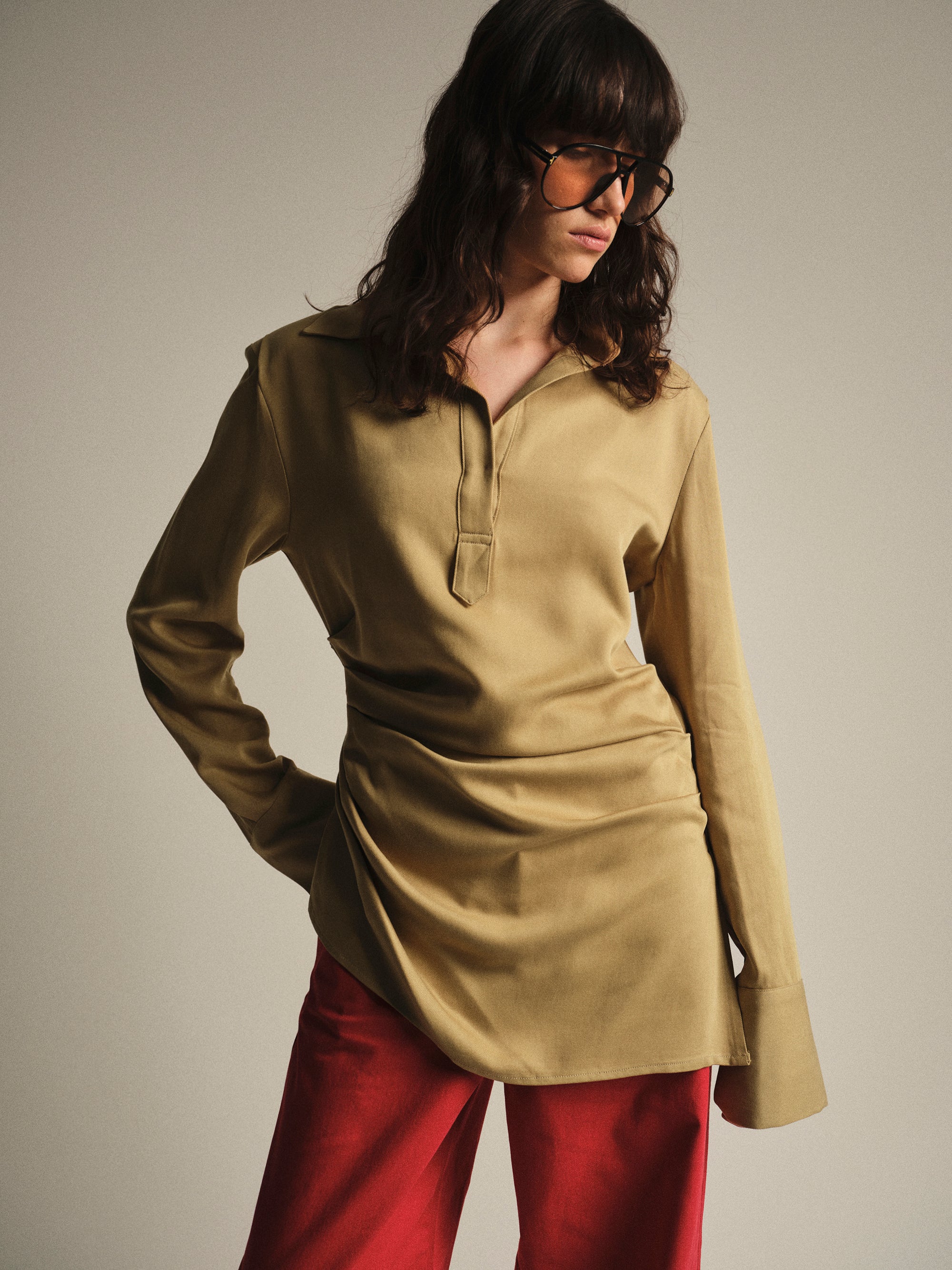 Asymmetric Ruched Blouse, Beige